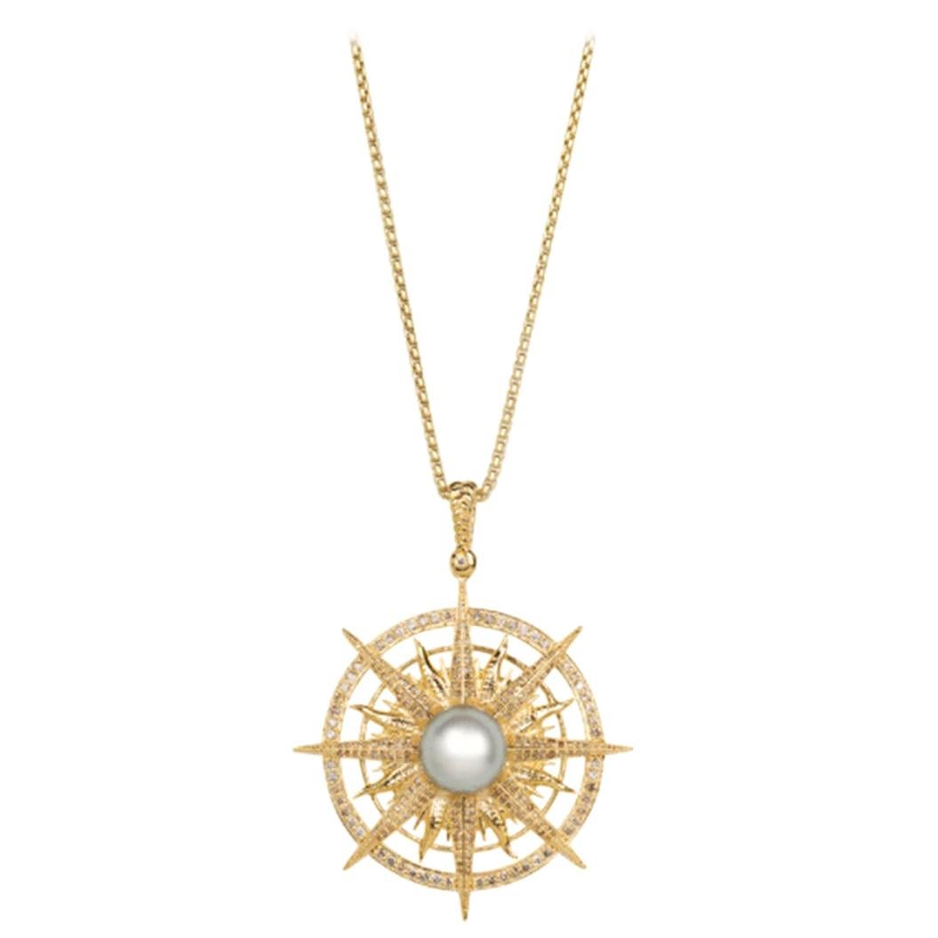 Vincent Peach Gold Diamond Pearl Compass Pendant Necklace For Sale