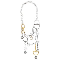 Vincent Peach Equestrian Gold Silver Diamond Pearl Link Chain Necklace
