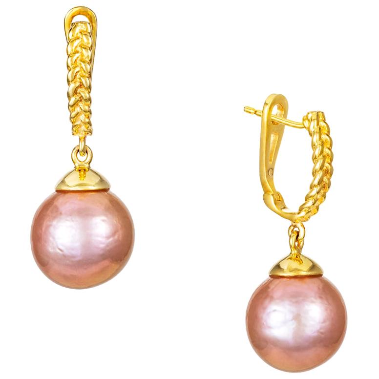 Vincent Peach Pink Pearl 18 Karat Gold Drop Earrings For Sale