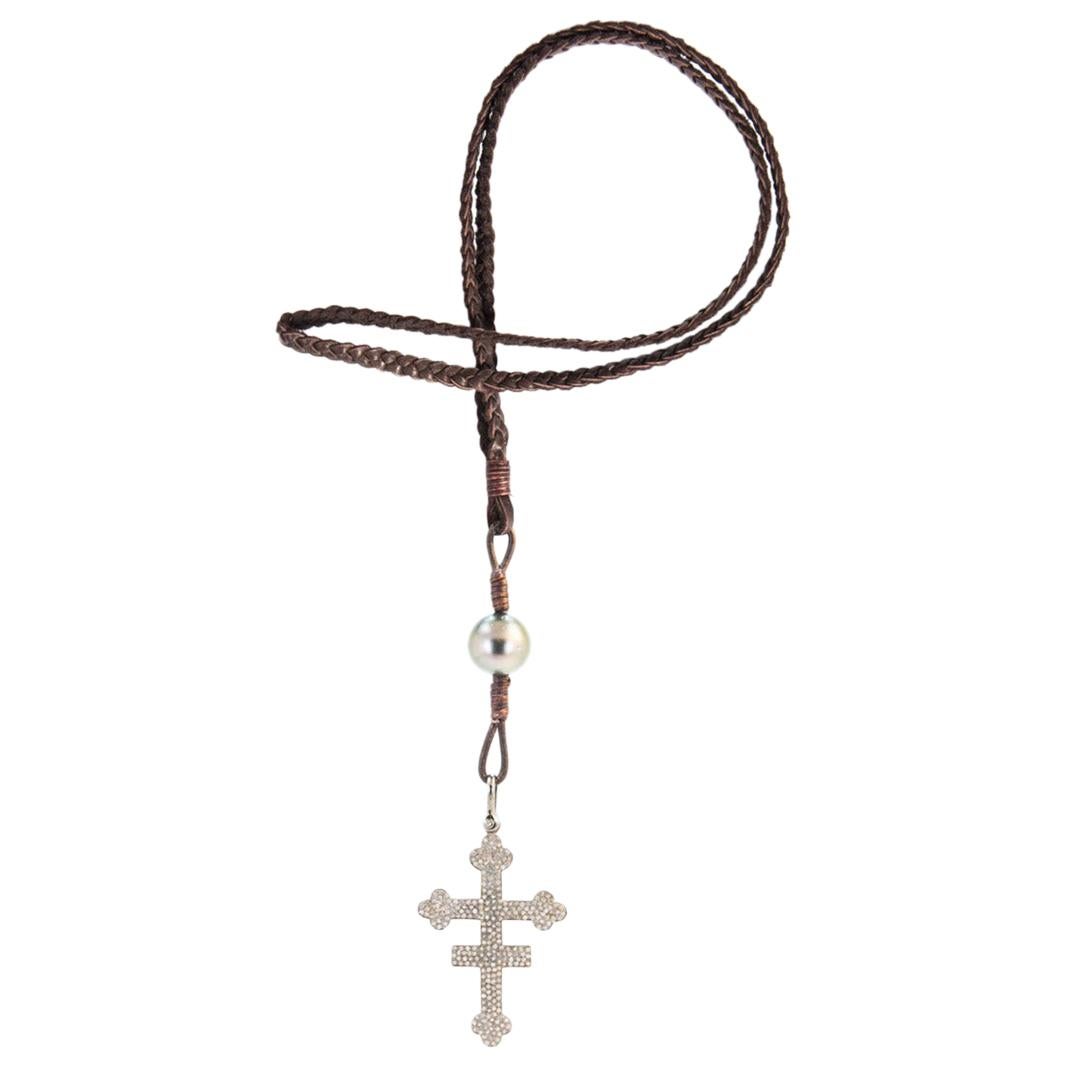 Vincent Peach Silver Diamond Cross Leather Pearl Pendant Necklace For Sale