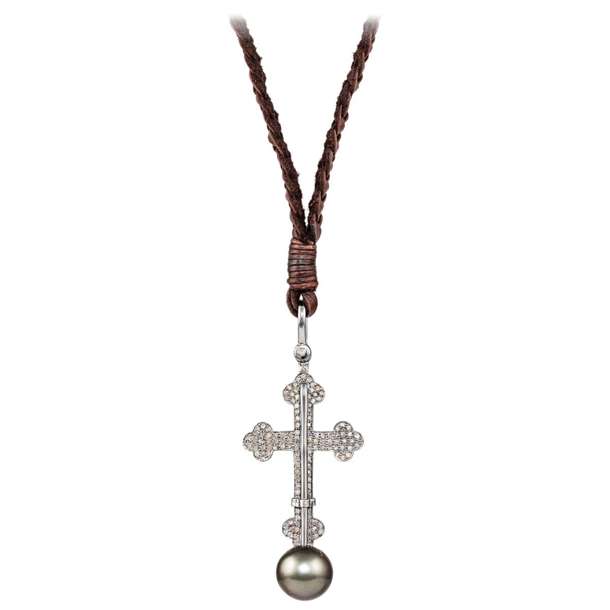Vincent Peach Silver Diamond Pearl Cross Pendant Necklace For Sale
