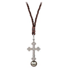 Vincent Peach Silver Diamond Pearl Cross Pendant Necklace