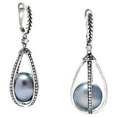 Vincent Peach Star Crossed Tahitian Pearl Sterling Silver Diamond Drop Earrings