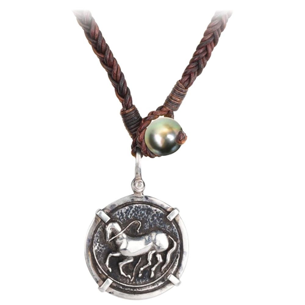 Vincent Peach Sterling Silver Trojan Coin Leather Pearl Pendant Necklace For Sale