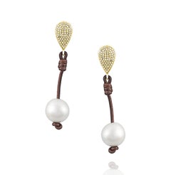 Vincent Peach Tahitian Pearl Leather Gold Diamond Teardrop Earrings