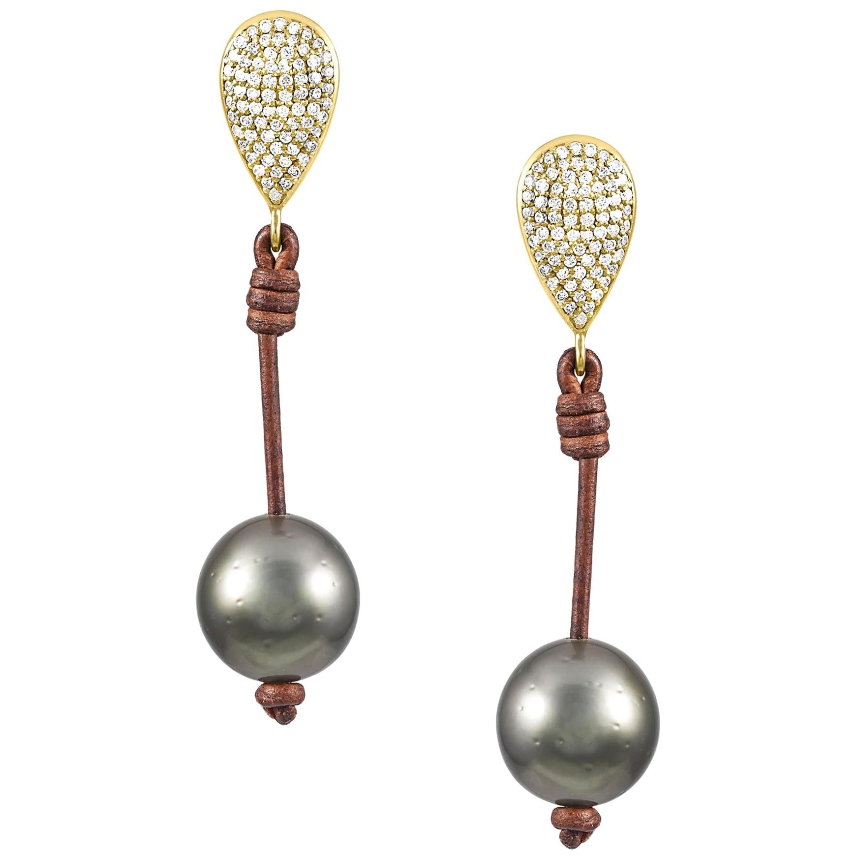 Vincent Peach Tahitian Pearl Leather Gold Diamond Teardrop Earrings For Sale