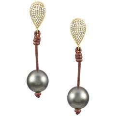 Vincent Peach Tahitian Pearl Leather Gold Diamond Teardrop Earrings