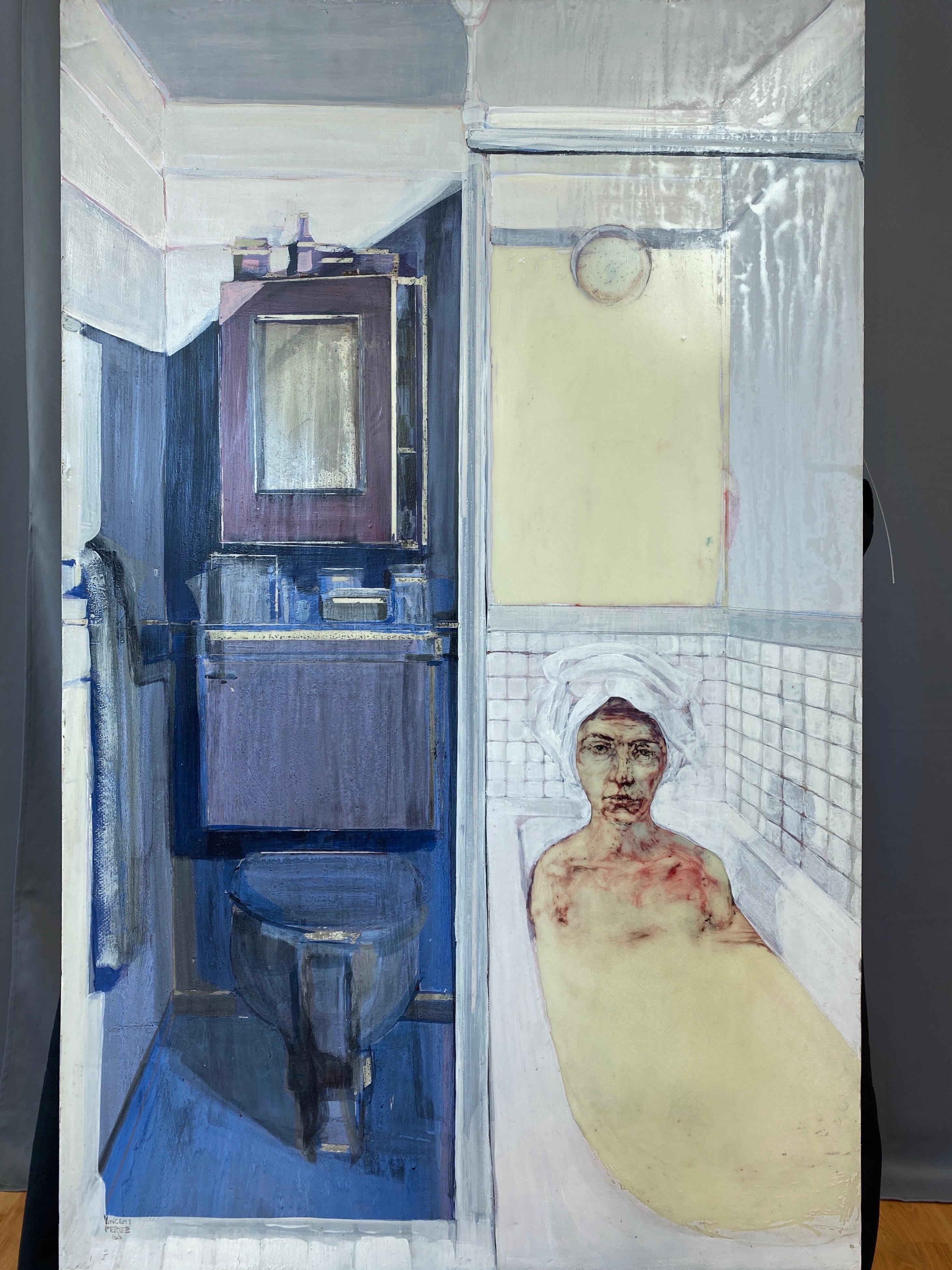 A large and arresting 1966 expressionist portrait oil painting on panel depicting a bathing woman by important San Francisco Bay Area artist and educator Vincent Perez.

Quotidian scene set in a compact bathroom displays a masterful handling of