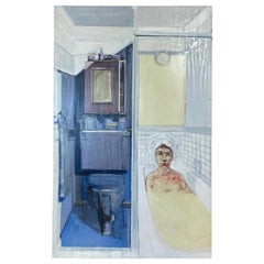 Vintage Vincent Perez “Woman in Bathtub”, Large Expressionist Oil Painting, 1966