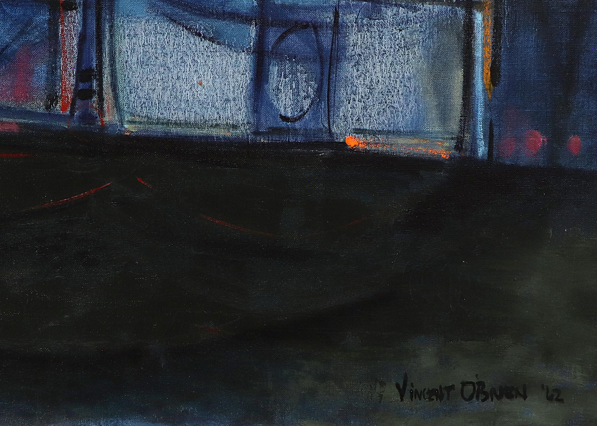 Abstraktes Ölgemälde auf Leinwand von Vincent Pershing O'Brien (1919-1999) aus dem Jahr 1962. Präsentiert in einem benutzerdefinierten Rahmen messen 46 x 71 x 1 Zoll. Die Leinwand ist 43 1⁄4 x 68 Zoll groß. 

Die Malerei ist in gutem Zustand - bitte