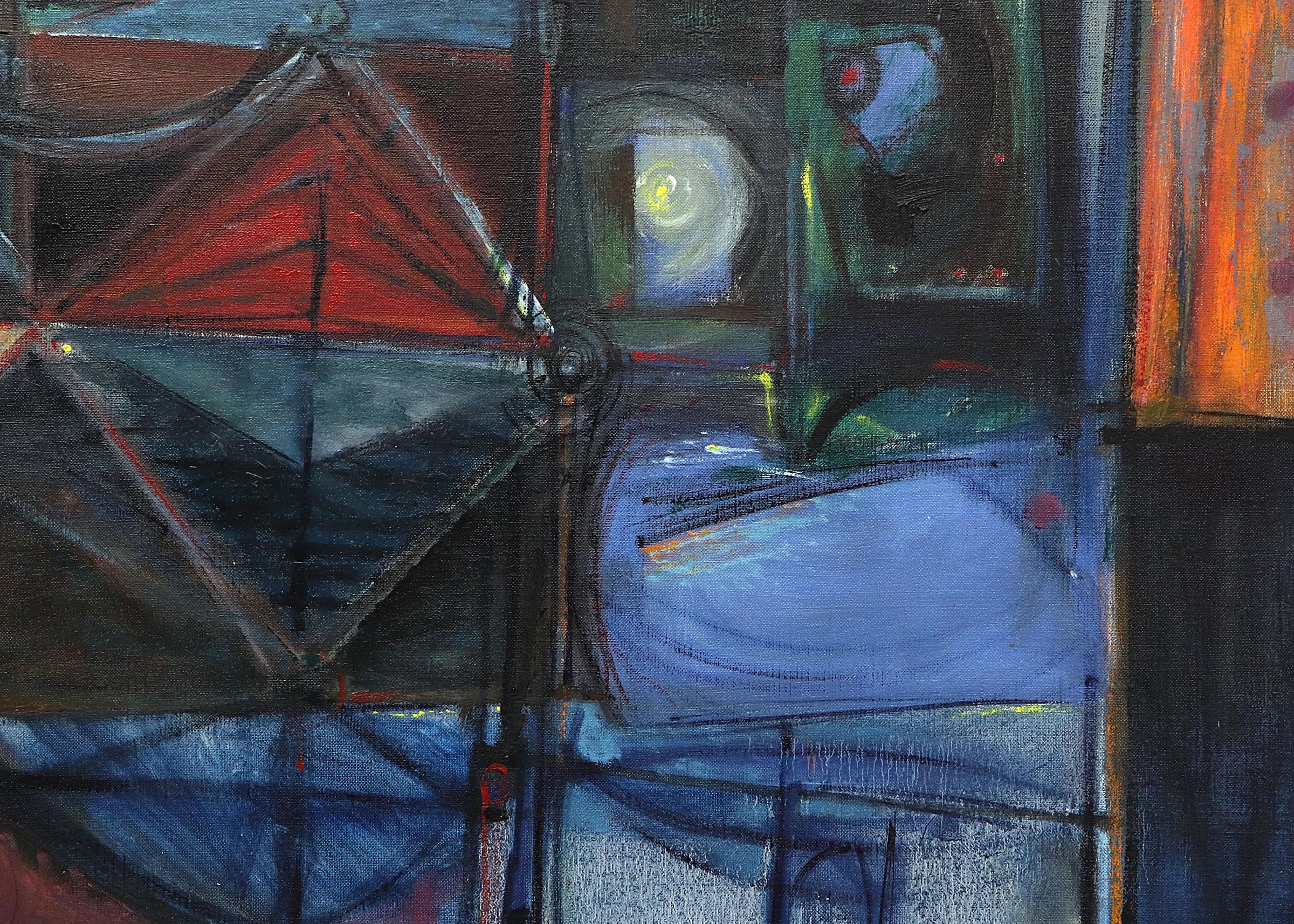 Lights at Night - 1960er Jahre Abstraktes Ölgemälde auf Leinwand in Blau, Lila und Anstecknadel im Angebot 1