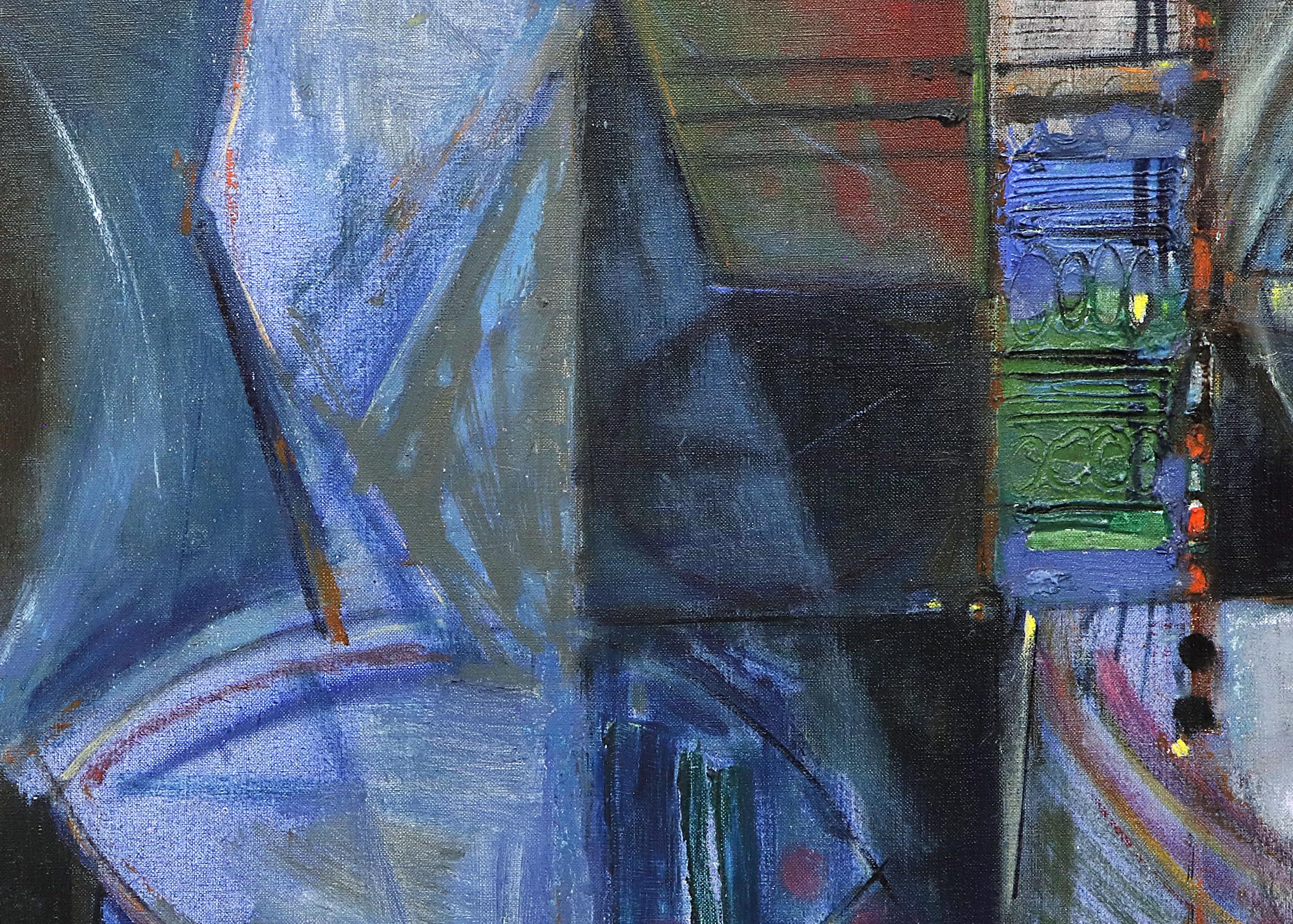 Lights at Night - 1960er Jahre Abstraktes Ölgemälde auf Leinwand in Blau, Lila und Anstecknadel im Angebot 3