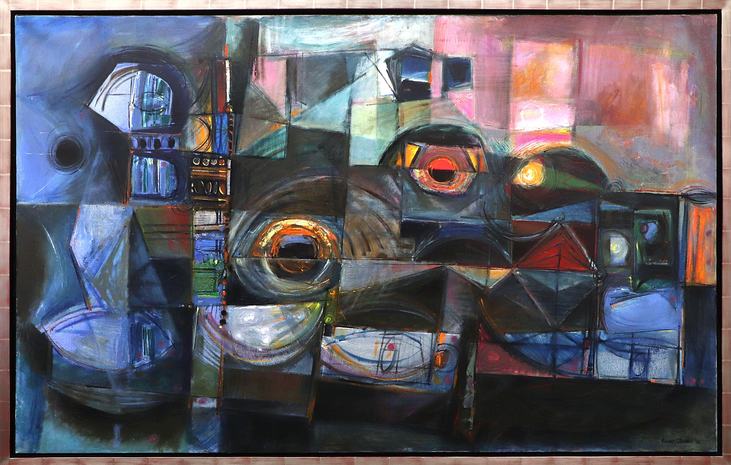 Vincent Pershing O'Brien Abstract Painting – Lights at Night - 1960er Jahre Abstraktes Ölgemälde auf Leinwand in Blau, Lila und Anstecknadel