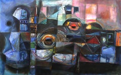 « Lights at Night », grande peinture à l
huile abstraite de paysage urbain, art urbain vibrant des années 1960