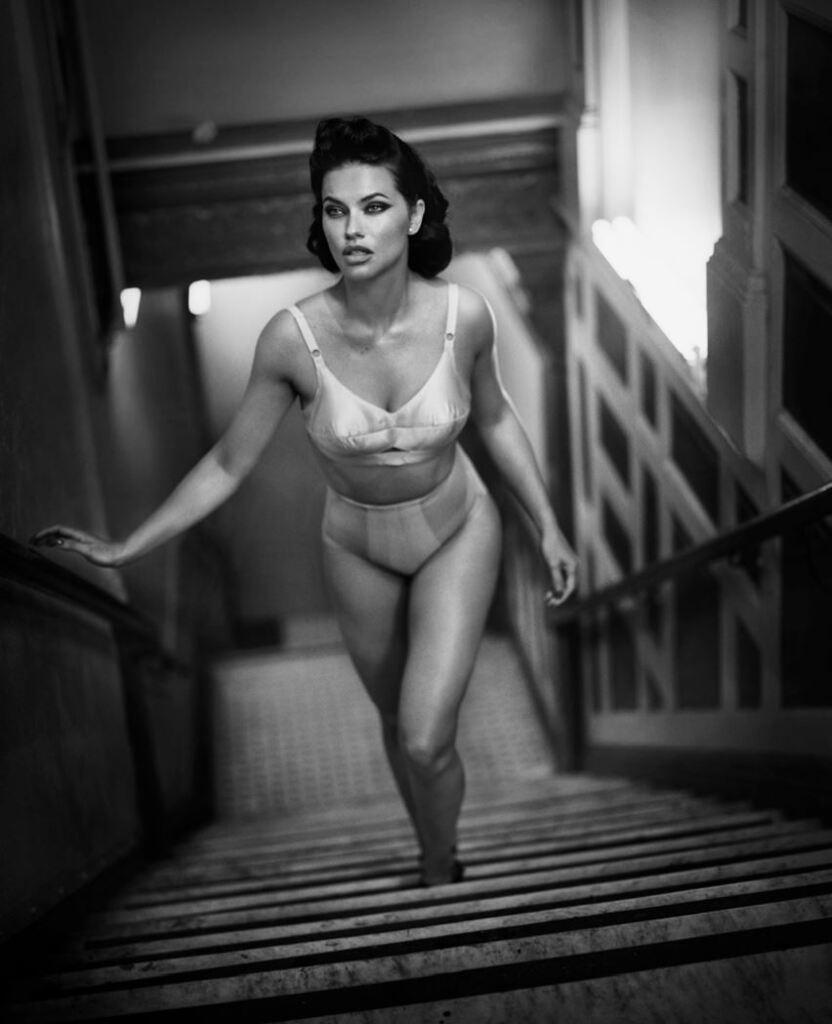 Vincent Peters Portrait Photograph - Adriana Lima, Stairs - the supermodel walking in dessous in an old look