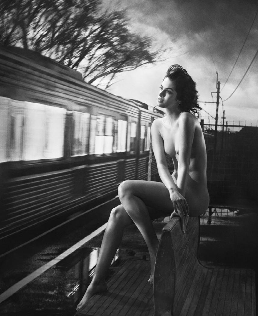 Vincent Peters Portrait Photograph - Great Ferro Subway V - the nude actress sitting on a bench at a train station