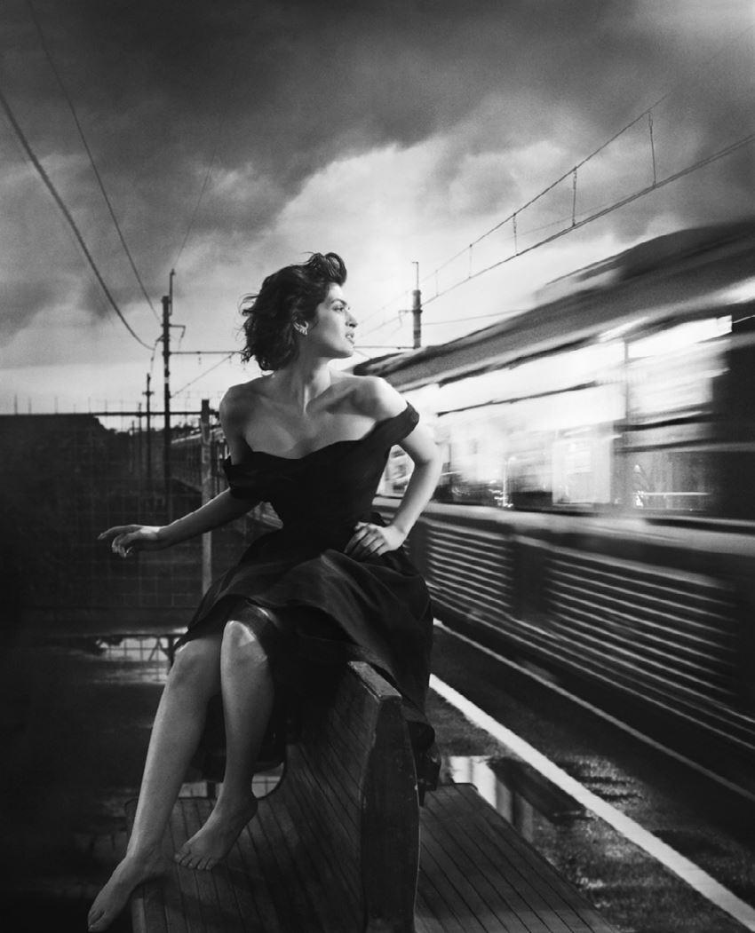 Vincent Peters Nude Photograph - Greta Ferro Subway III - the model nude at train station, in black and white