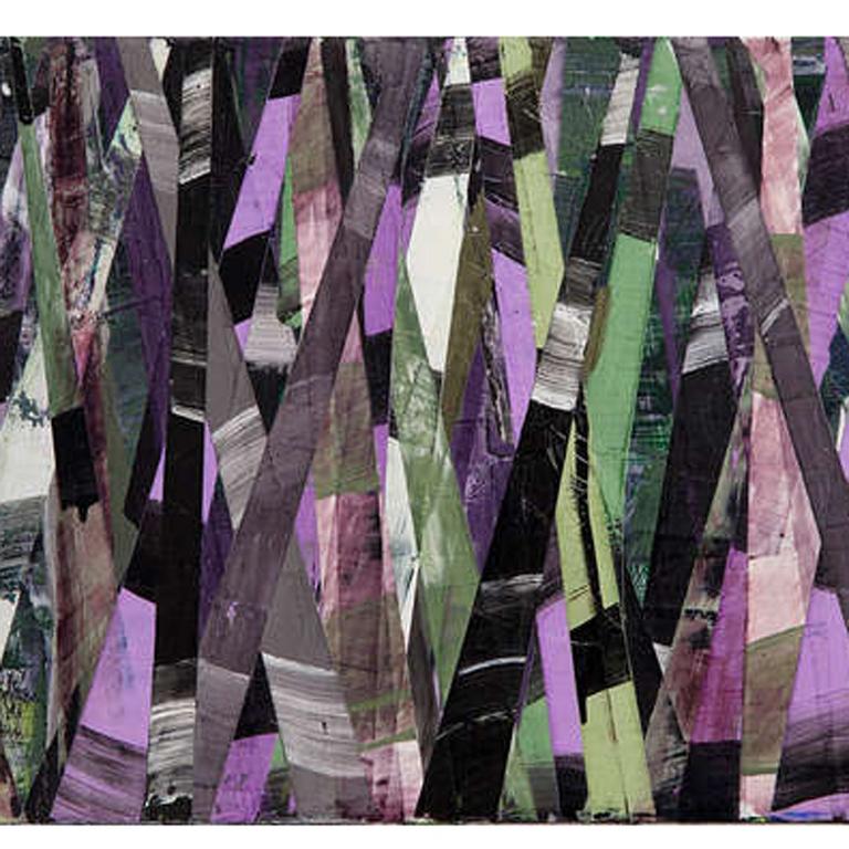 acrylic, pigmented plaster, wax, and marble dust on board

Highly textured and vividly colored horizontal tableau, purple, greens, blacks.

Notes from the artist: 
With these paintings I explore a means of finding composition, balance and