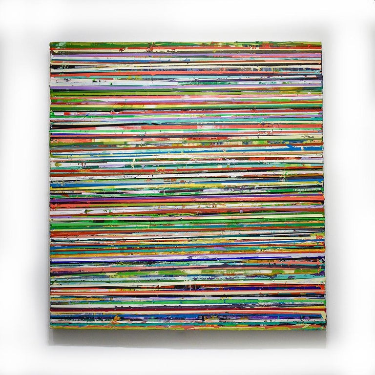 Abstract square painting of colorful horizontal stripes in bright hues of green, white, blue, red, purple and yellow 
