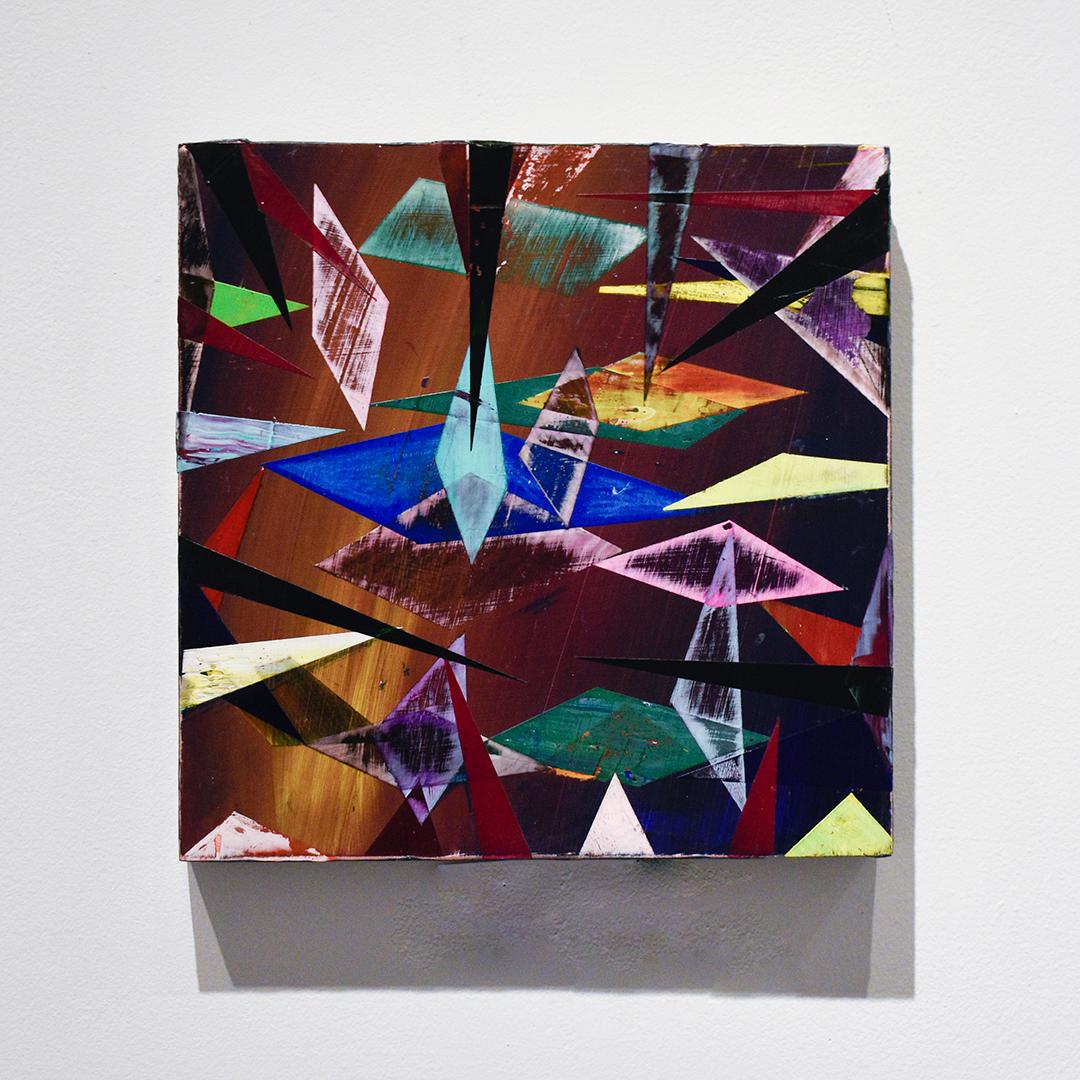Big Little 127 (peinture géométrique abstraite en brun, aqua, rouge et jaune)  - Géométrique abstrait Mixed Media Art par Vincent Pomilio