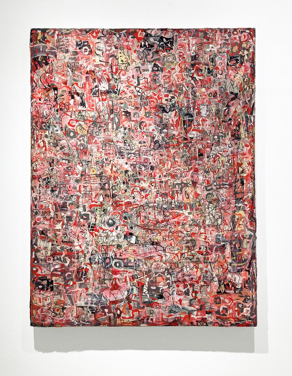 It's Not You It's Me: Maximalistisches abstraktes Gemälde in Rot, Rosa, Weiß und Schwarz (Abstrakt), Mixed Media Art, von Vincent Pomilio
