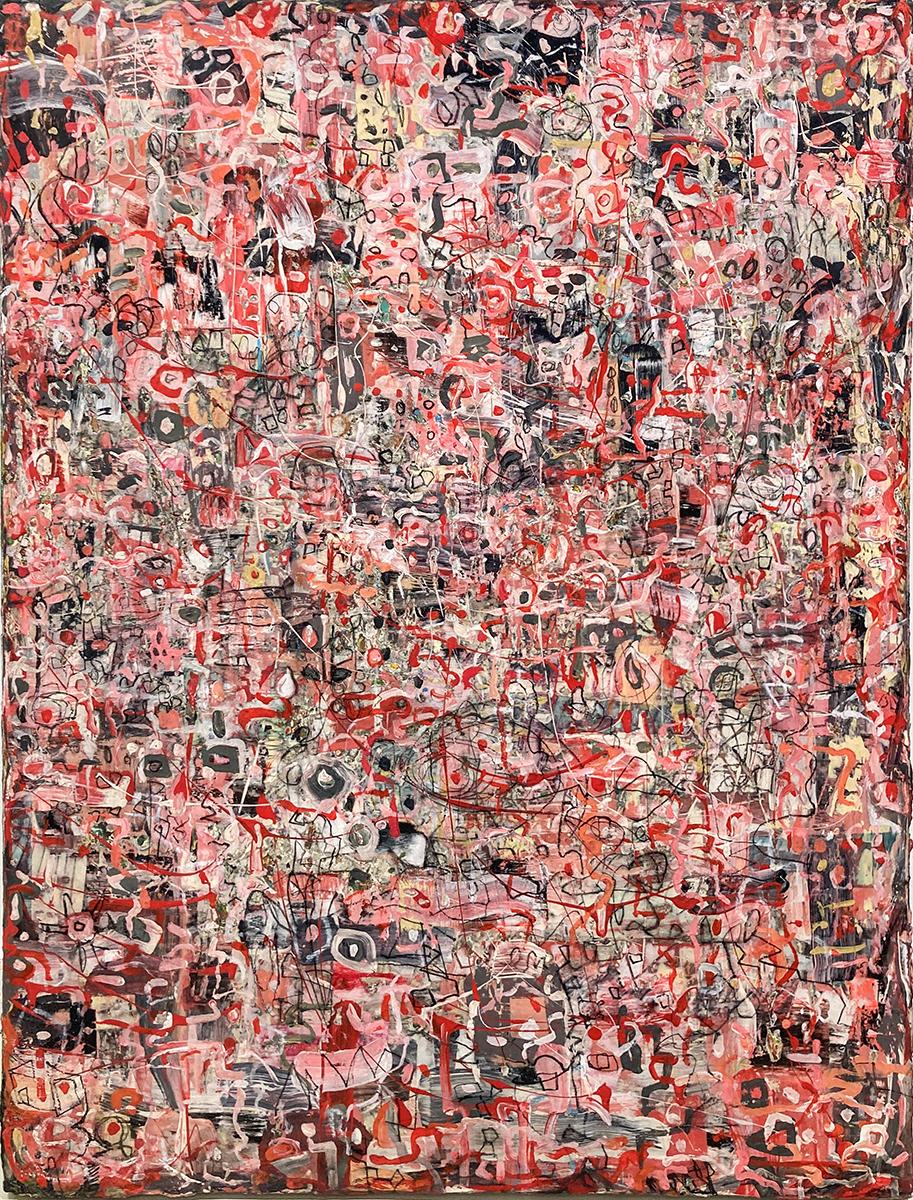 It's Not You It's Me: Maximalistisches abstraktes Gemälde in Rot, Rosa, Weiß und Schwarz