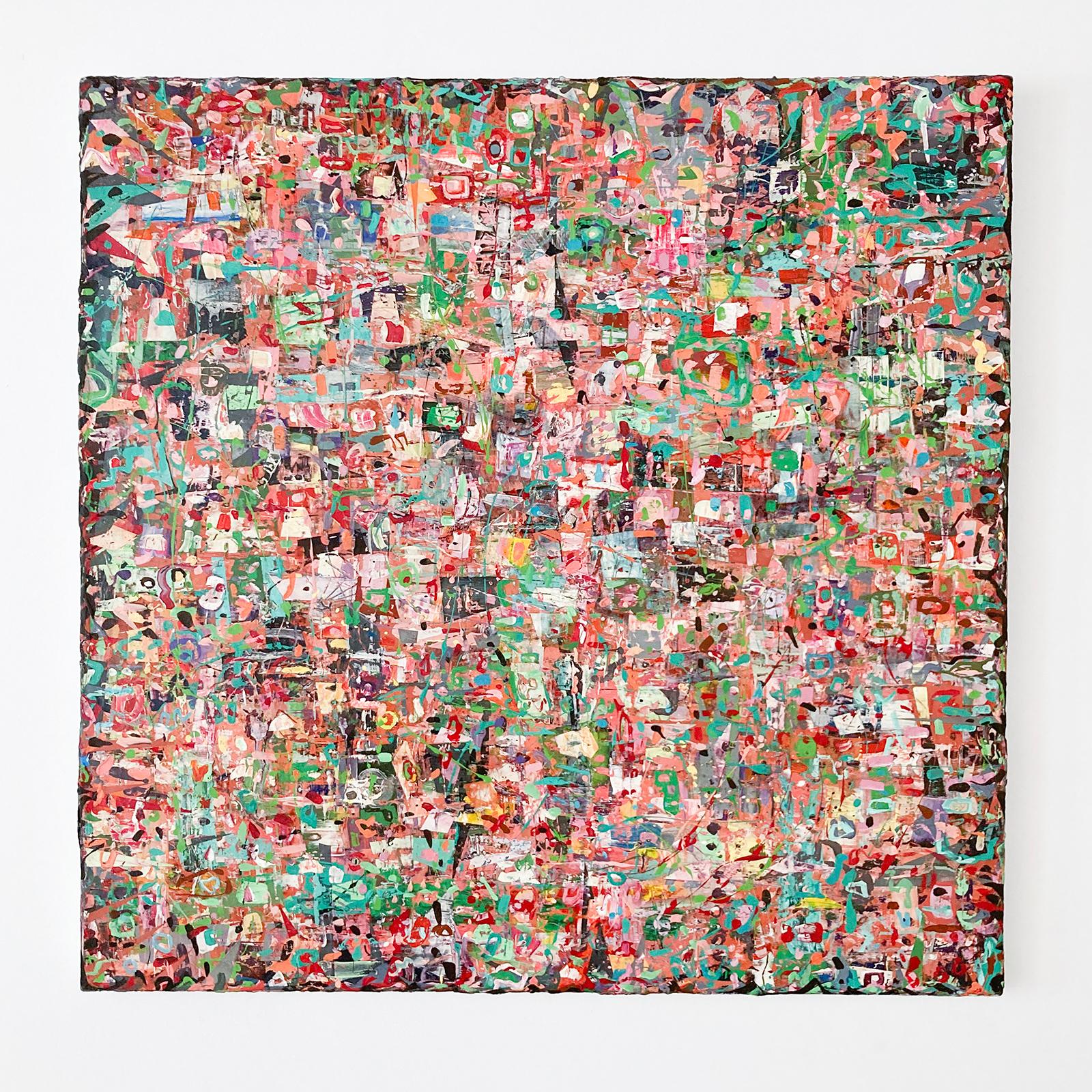 Memory-Wand 6: Maximalistisches abstraktes Gemälde in Rot, Pfirsich, Rosa, Teal, Grün (Abstrakt), Mixed Media Art, von Vincent Pomilio