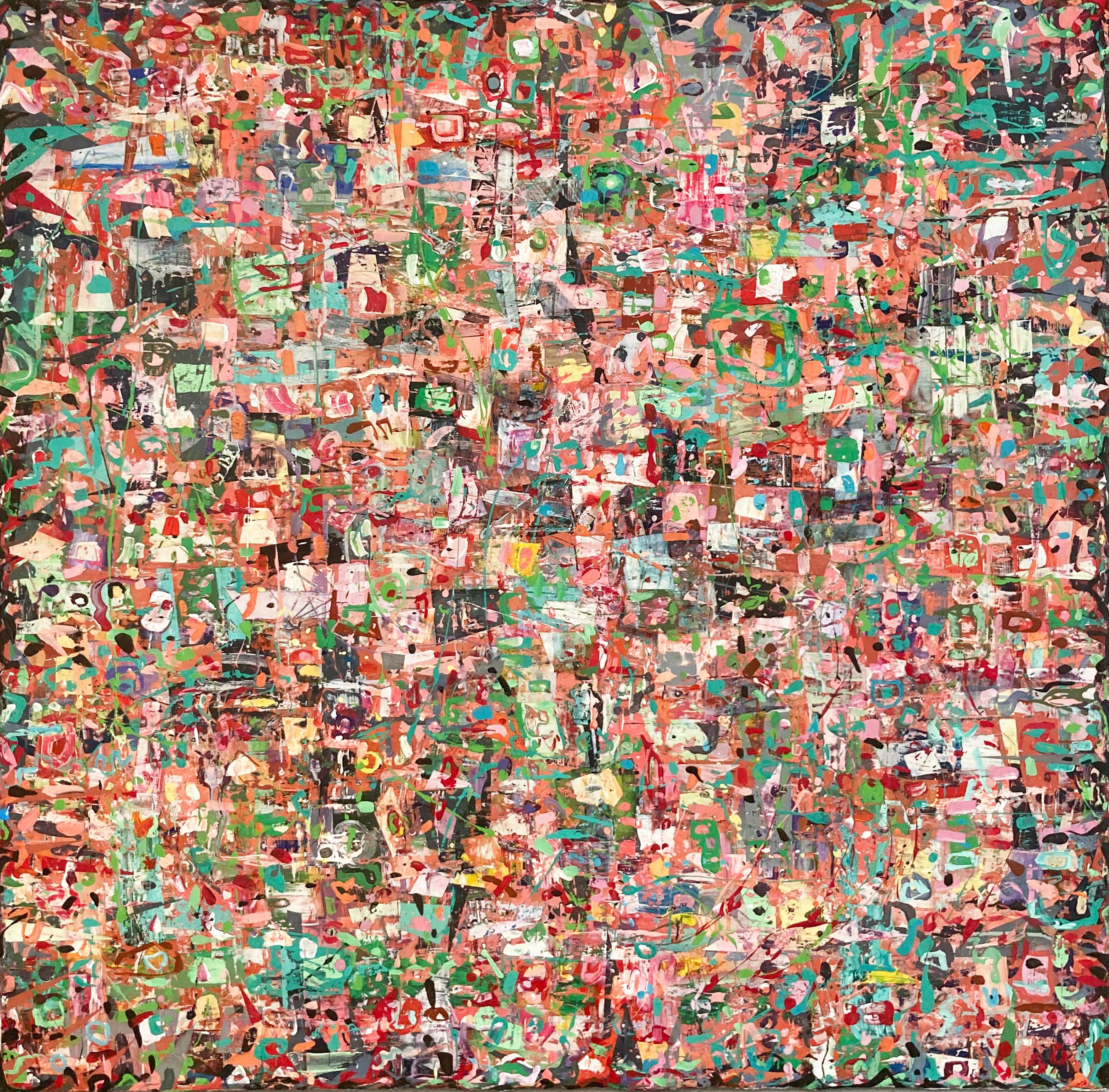 Memory Wall 6: Maximalist Abstract Painting in Red, Peach, Pink, Teal, Green