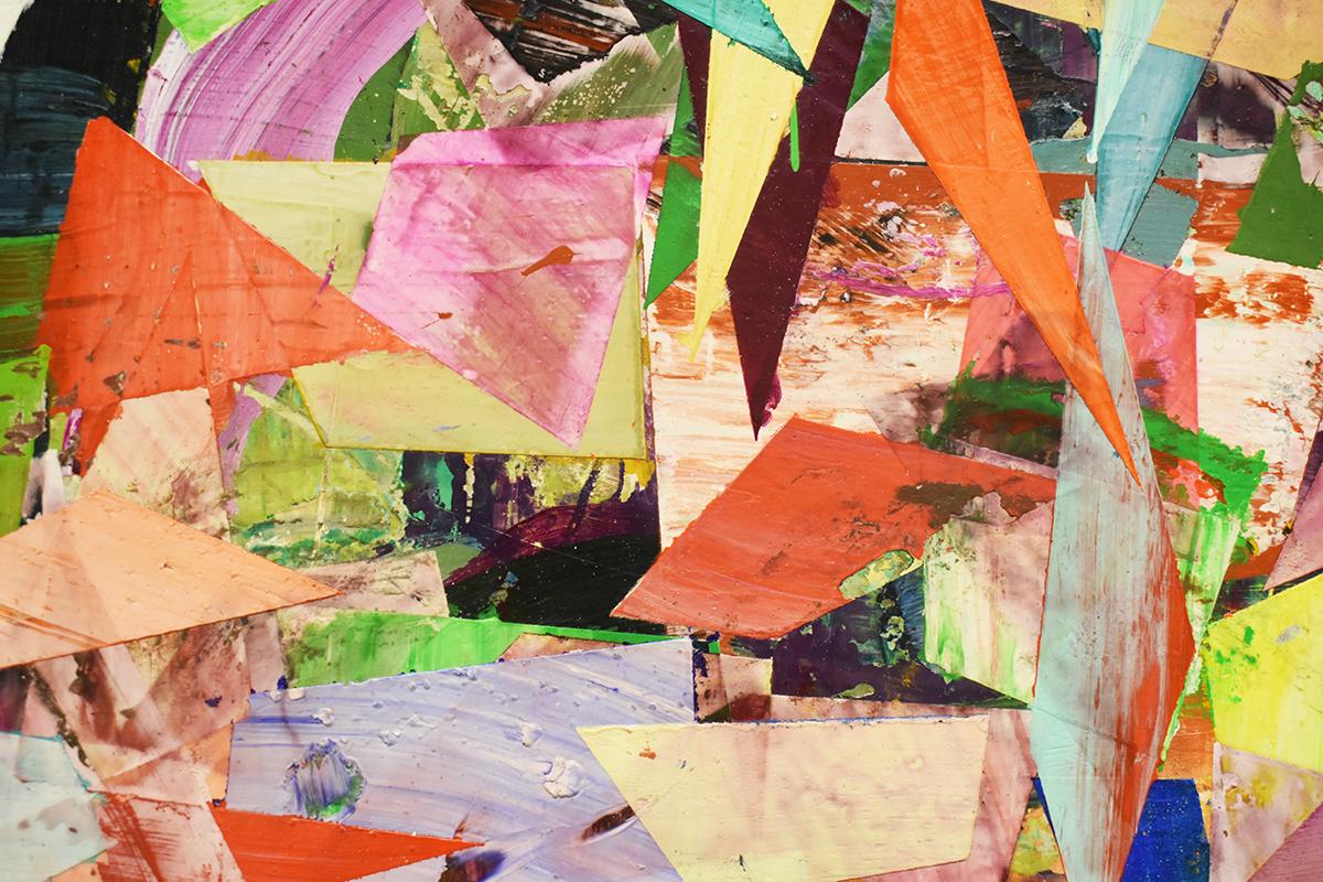 Snappy Shards (peinture abstraite multicolore sur panneau avec supports mixtes) en vente 1