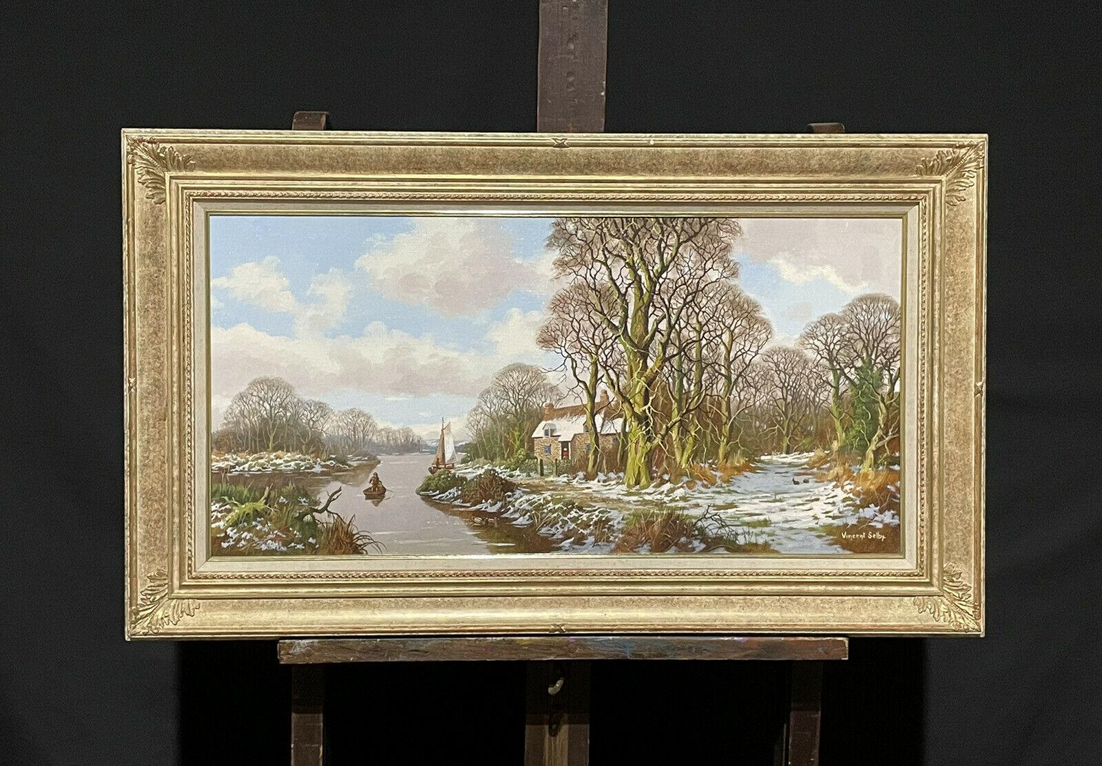 Large English Signed Oil - Winter Woodland Landscape with River & Cottage - Painting by Vincent Selby
