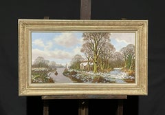 Large English Signed Oil - Winter Woodland Landscape with River & Cottage