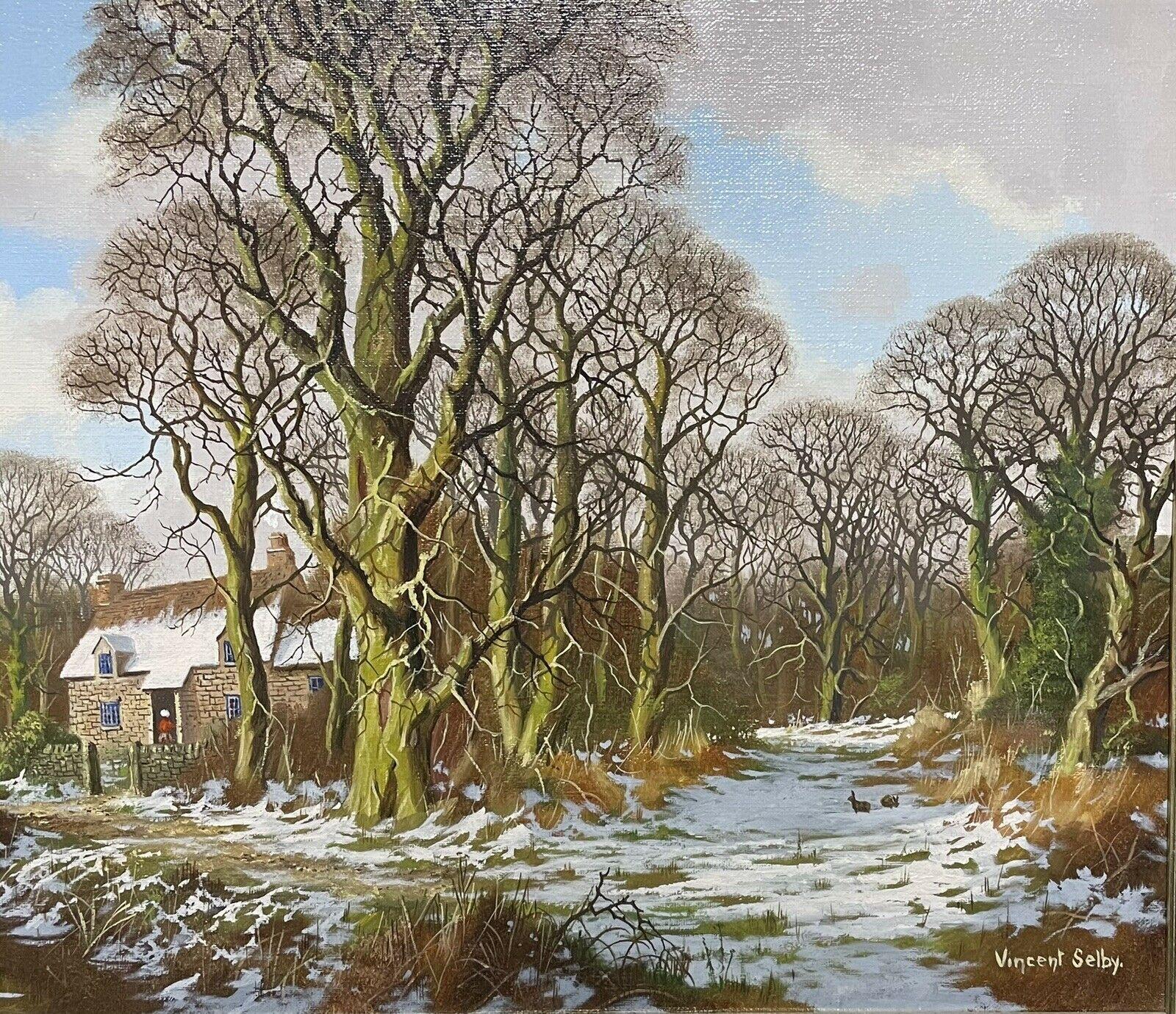 Large English Signed Oil - Winter Woodland Landscape with River & Cottage - Victorian Painting by Vincent Selby