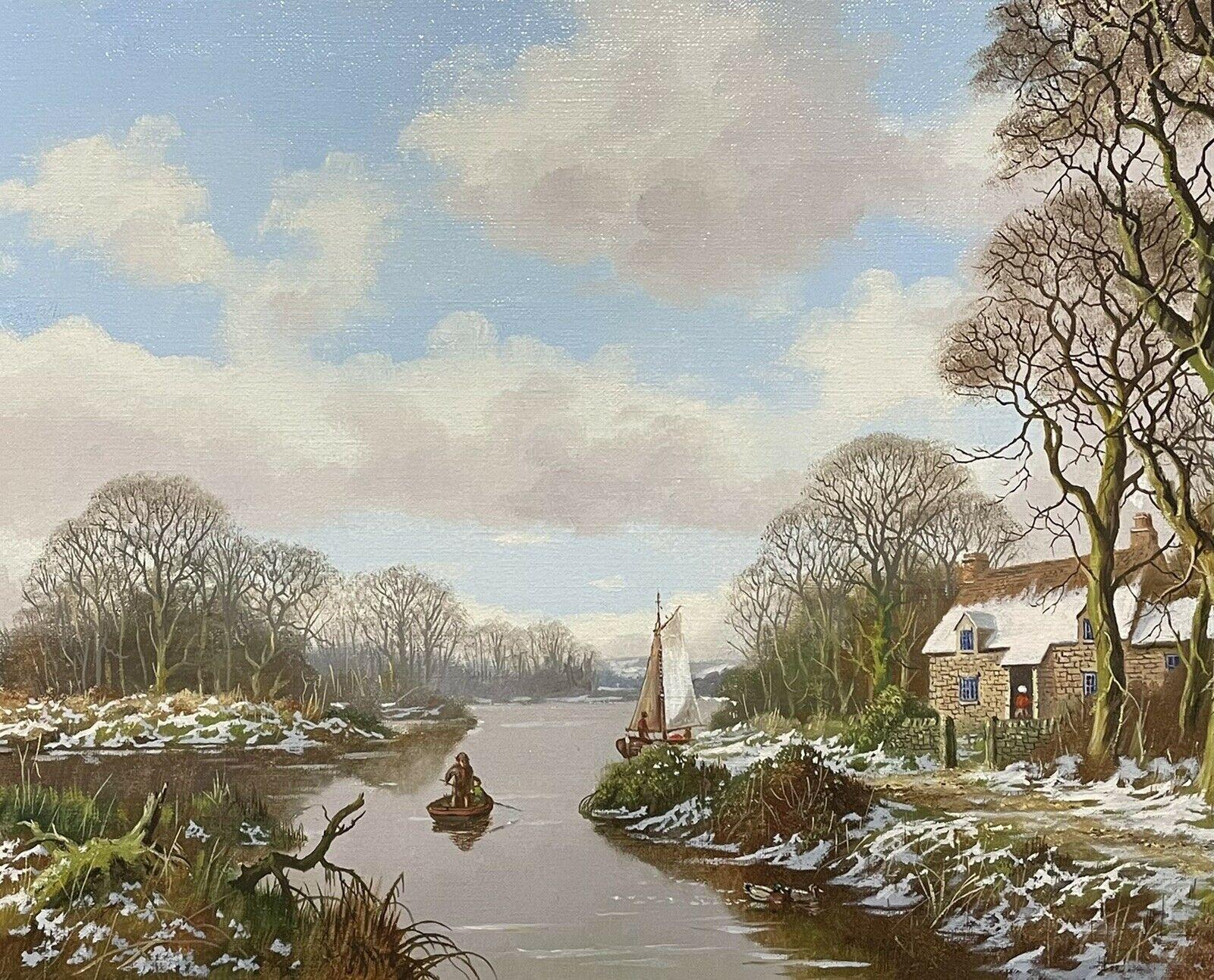 Large English Signed Oil - Winter Woodland Landscape with River & Cottage - Brown Figurative Painting by Vincent Selby