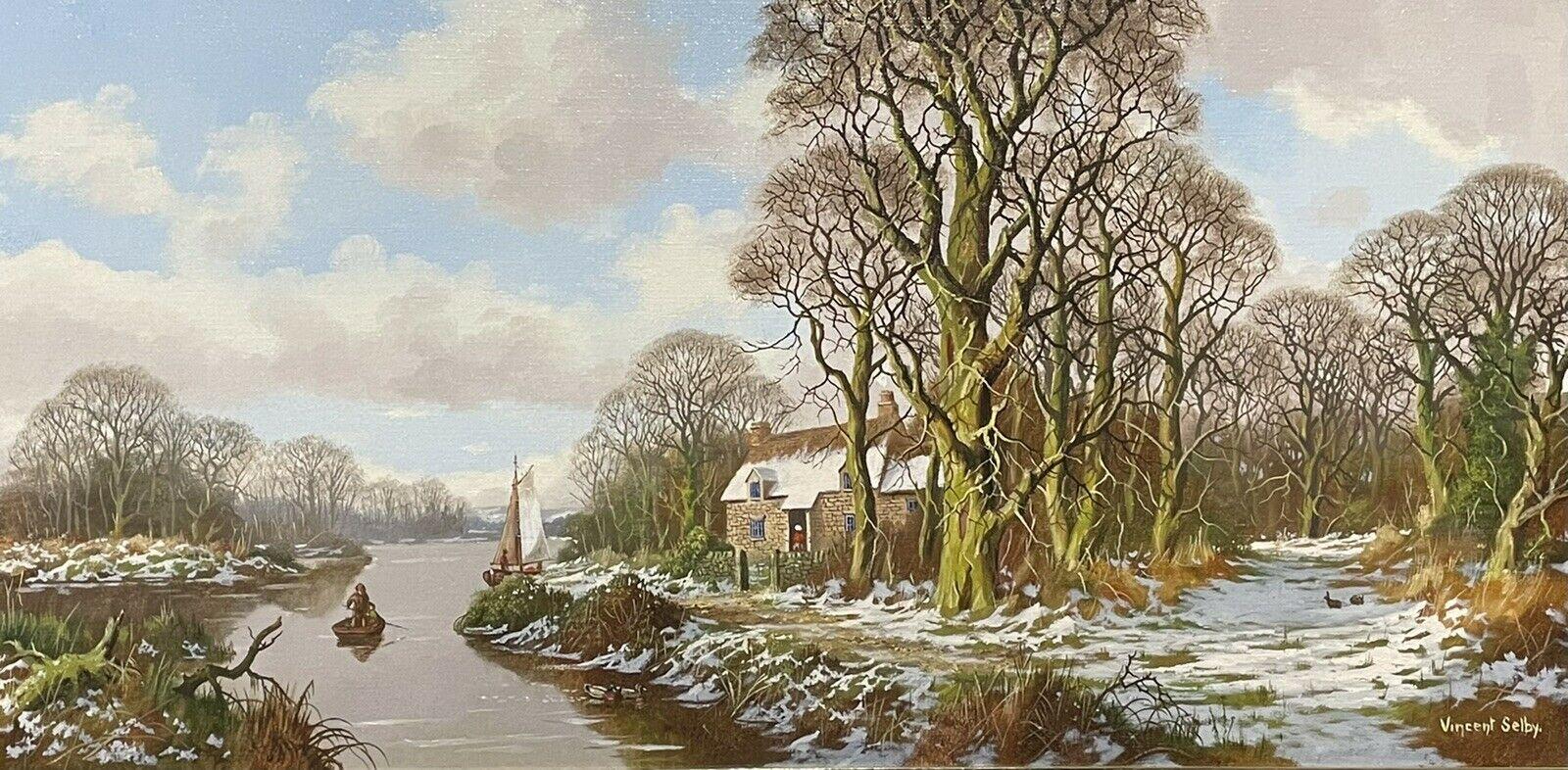 Vincent Selby Figurative Painting - Large English Signed Oil - Winter Woodland Landscape with River & Cottage