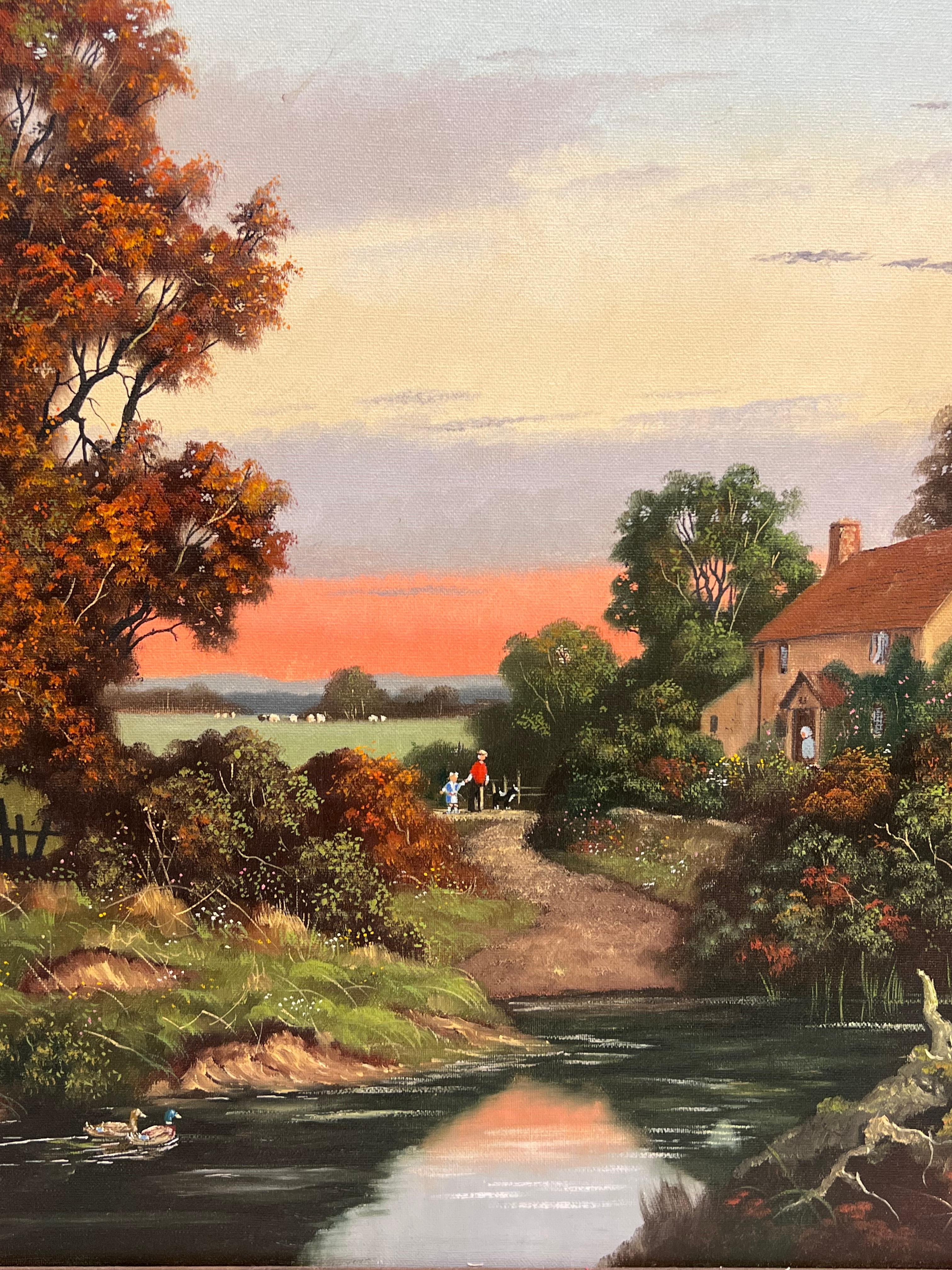 Sunset over Derwent Valley Signed English Oil Painting Gilt Framed For Sale 8