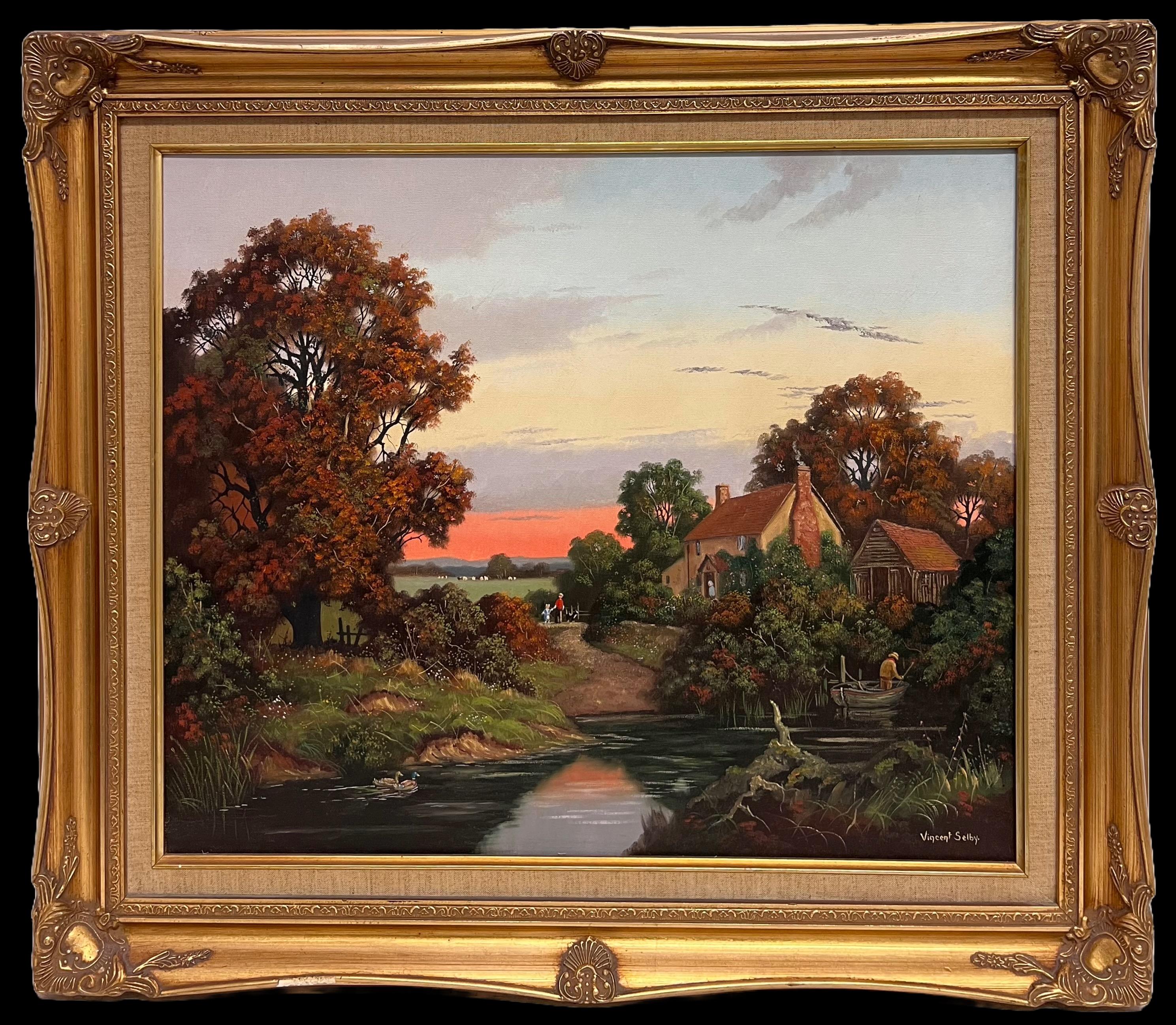 Sunset over Derwent Valley Signed English Oil Painting Gilt Framed - Black Figurative Painting by Vincent Selby