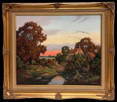 Sunset over Derwent Valley Signed English Oil Painting Gilt Framed