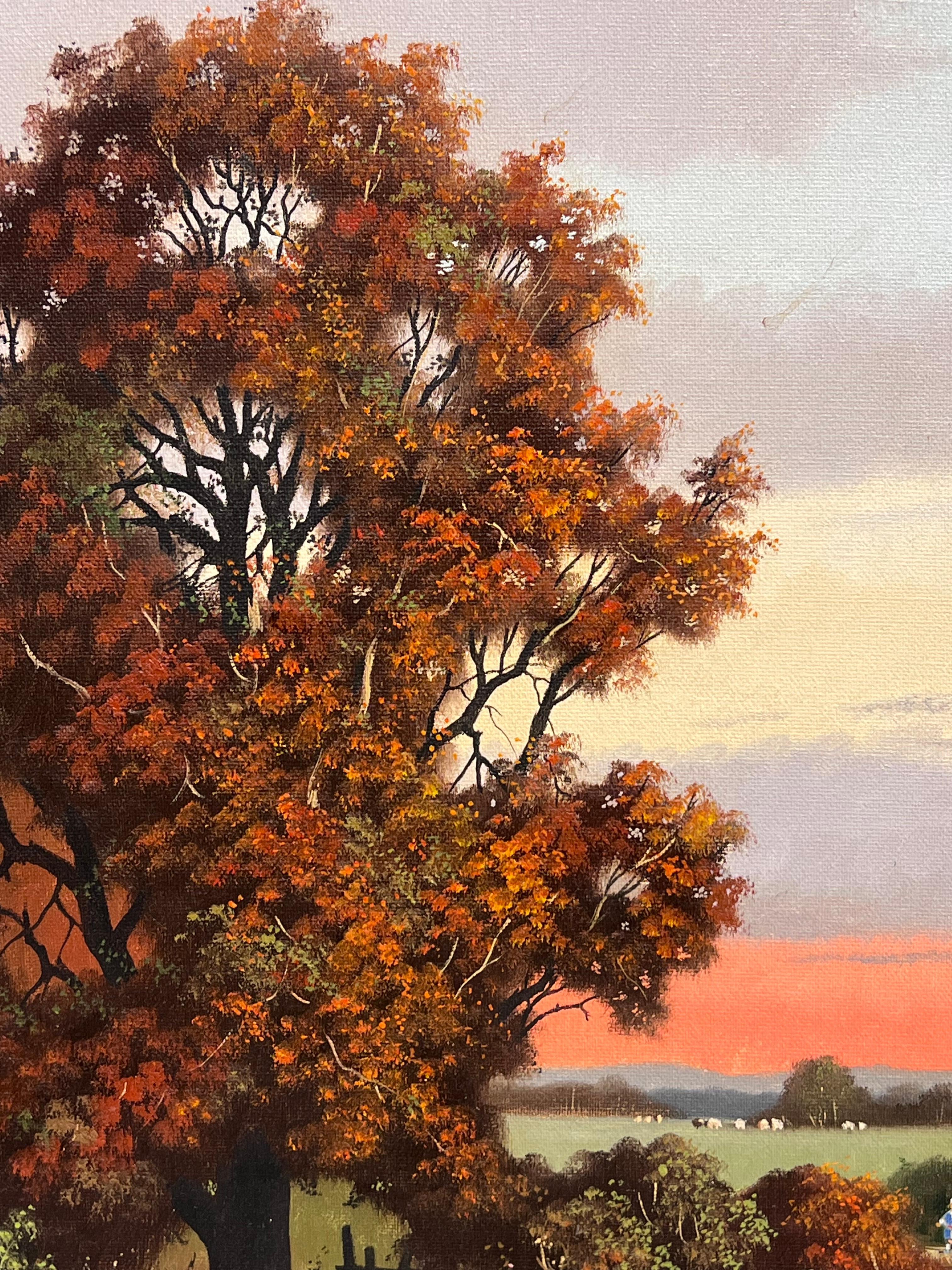 Sunset over Derwent Valley Signed English Oil Painting Gilt Framed For Sale 1