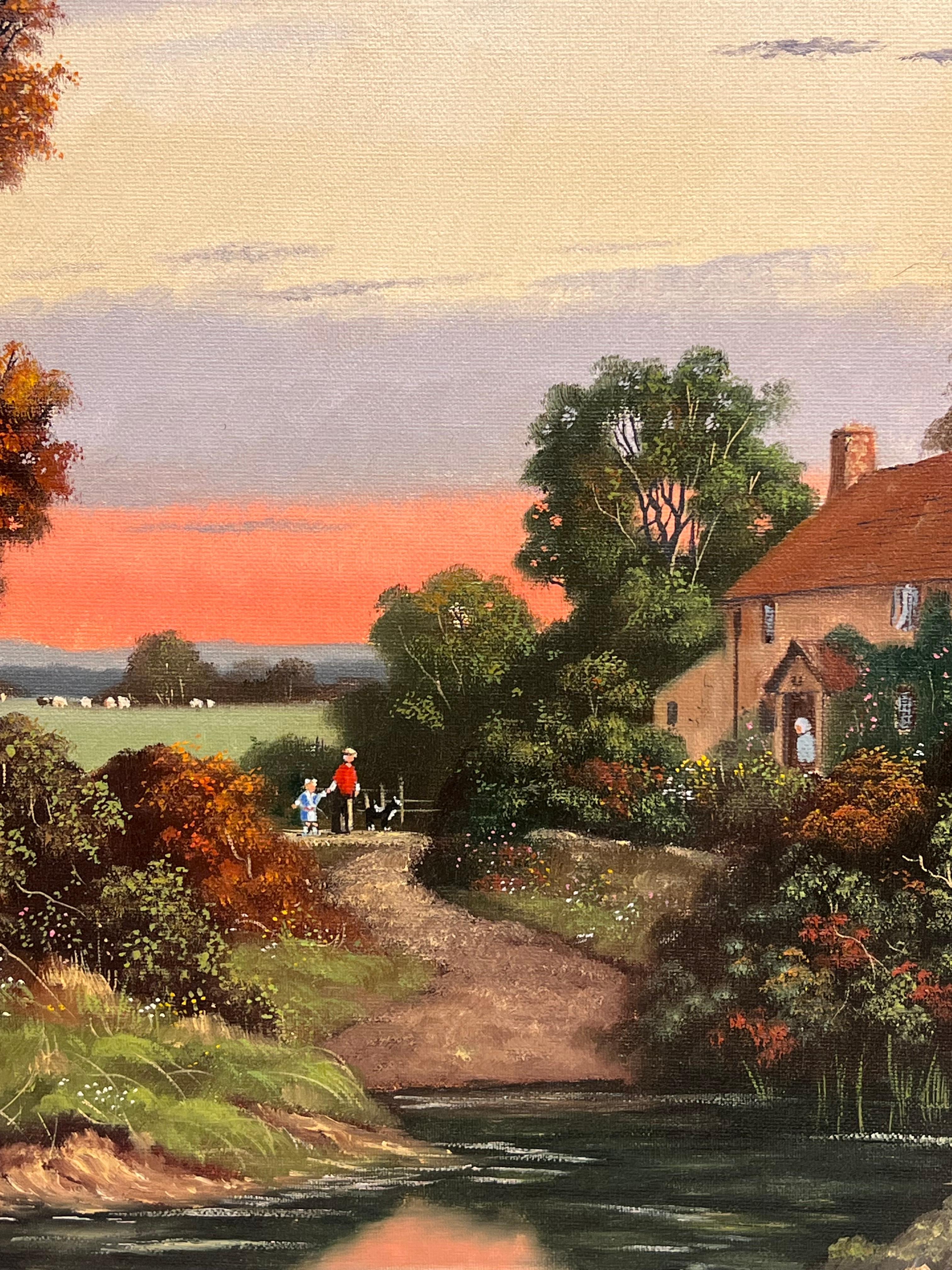 Sunset over Derwent Valley Signed English Oil Painting Gilt Framed For Sale 2