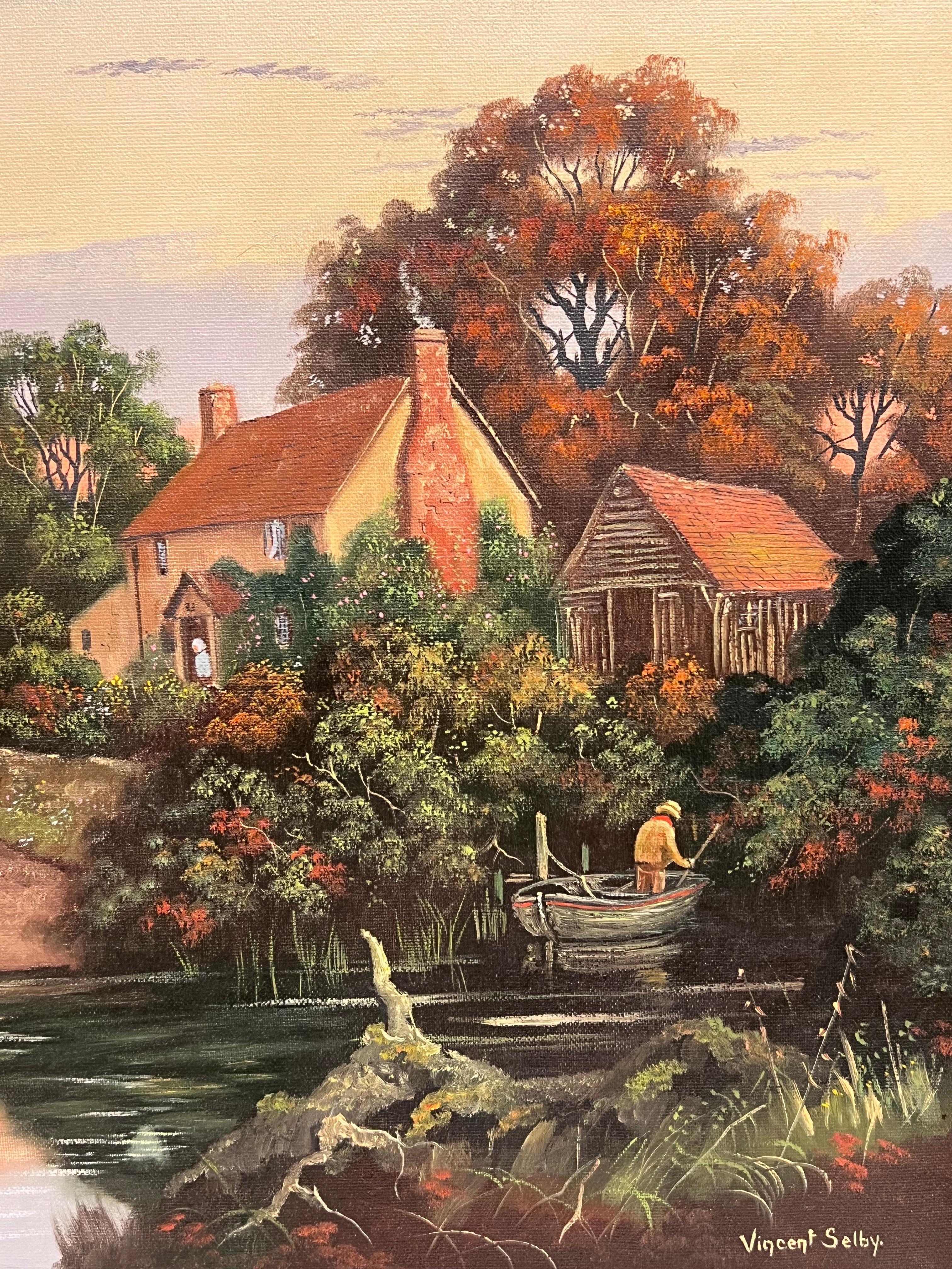 Sunset over Derwent Valley Signed English Oil Painting Gilt Framed For Sale 3