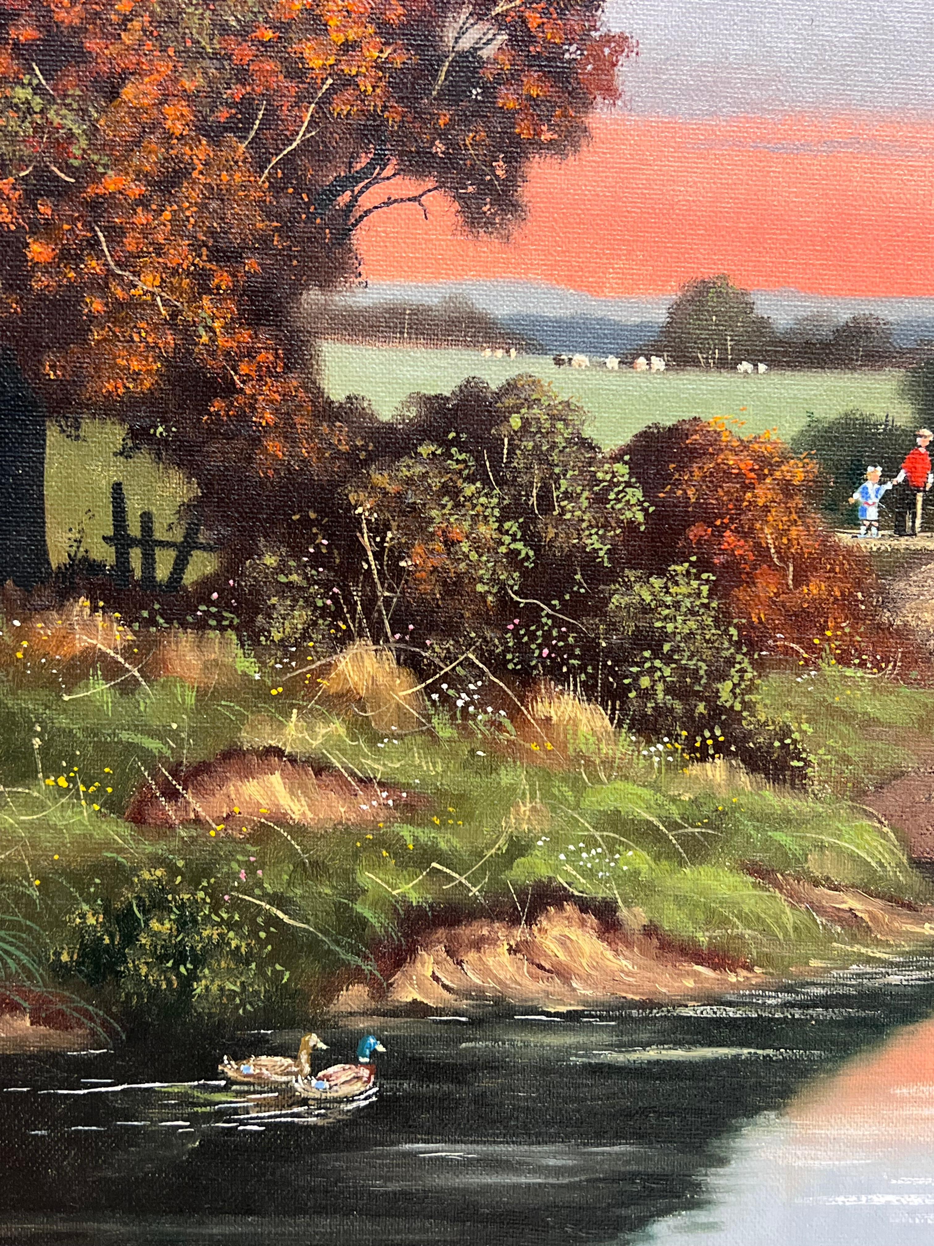 Sunset over Derwent Valley Signed English Oil Painting Gilt Framed For Sale 4