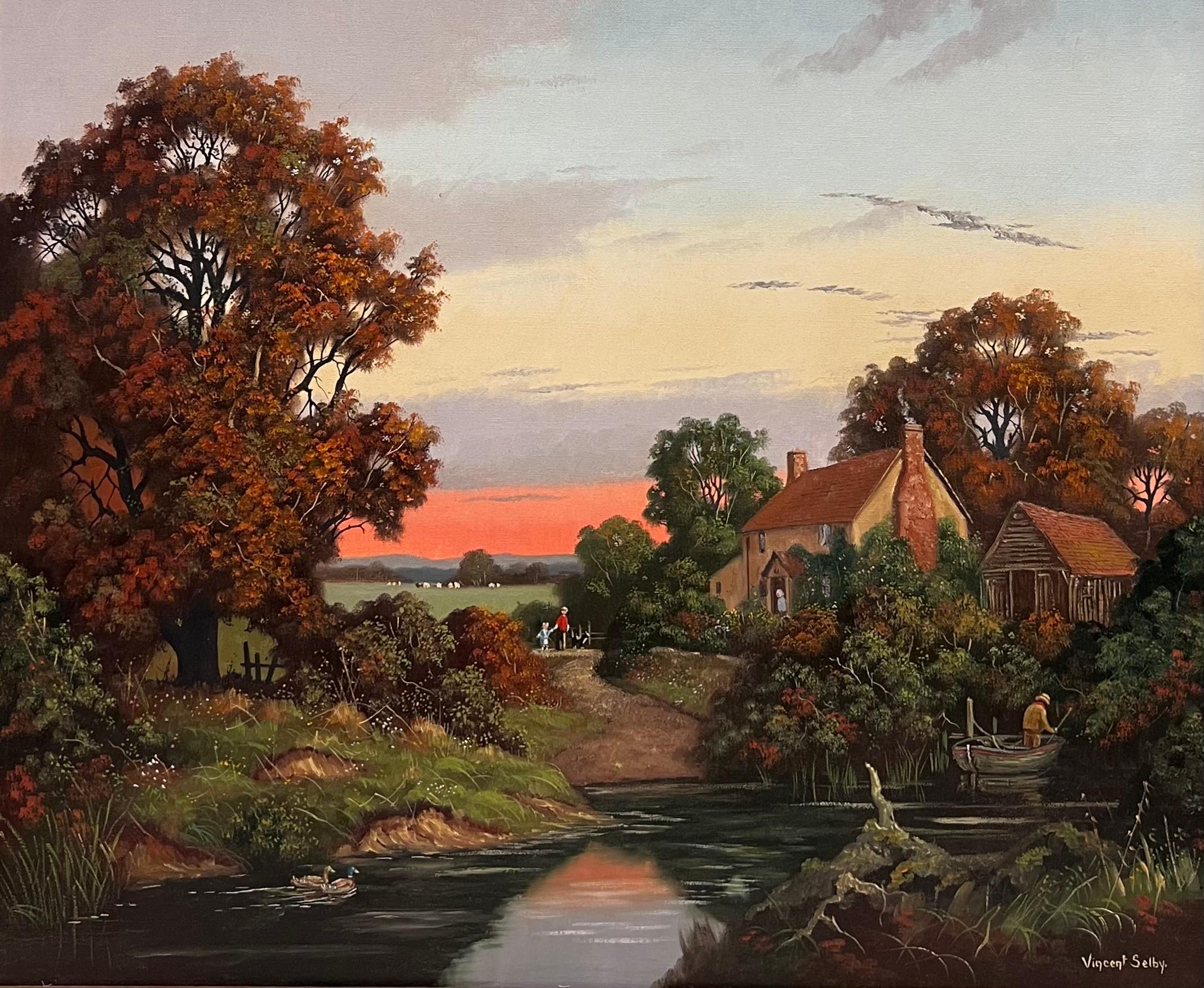 Vincent Selby Figurative Painting - Sunset over Derwent Valley Signed English Oil Painting Gilt Framed