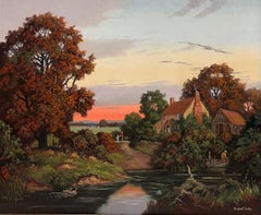 Sunset over Derwent Valley Signed English Oil Painting Gilt Framed