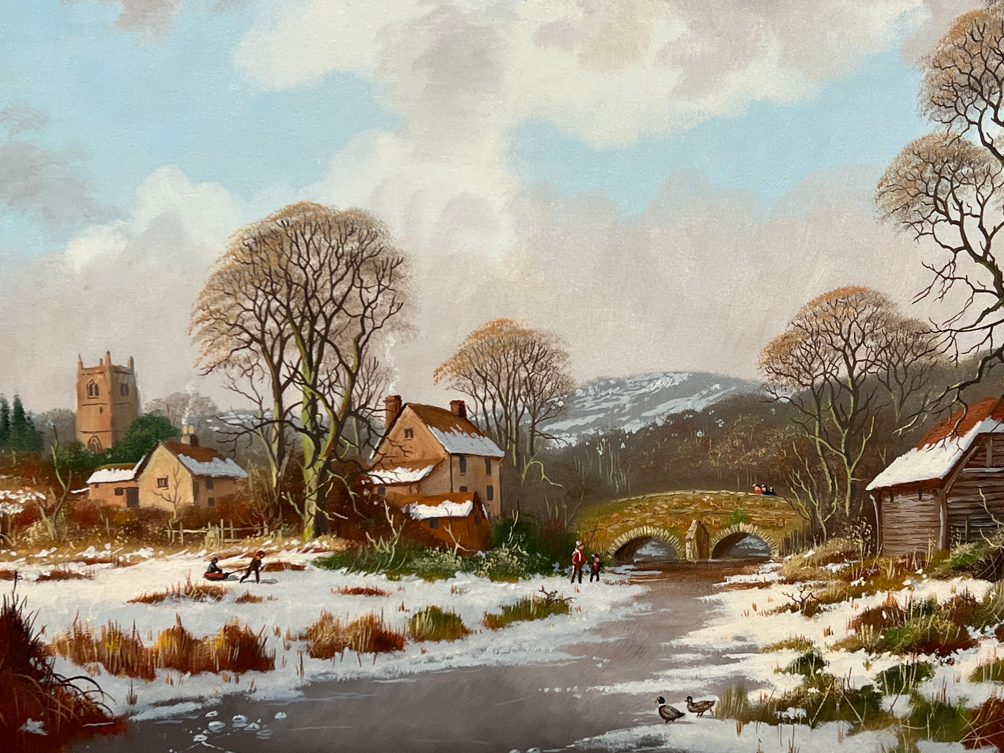 Winter Village Landscape with Families & Children by 20th Century British Artist For Sale 3