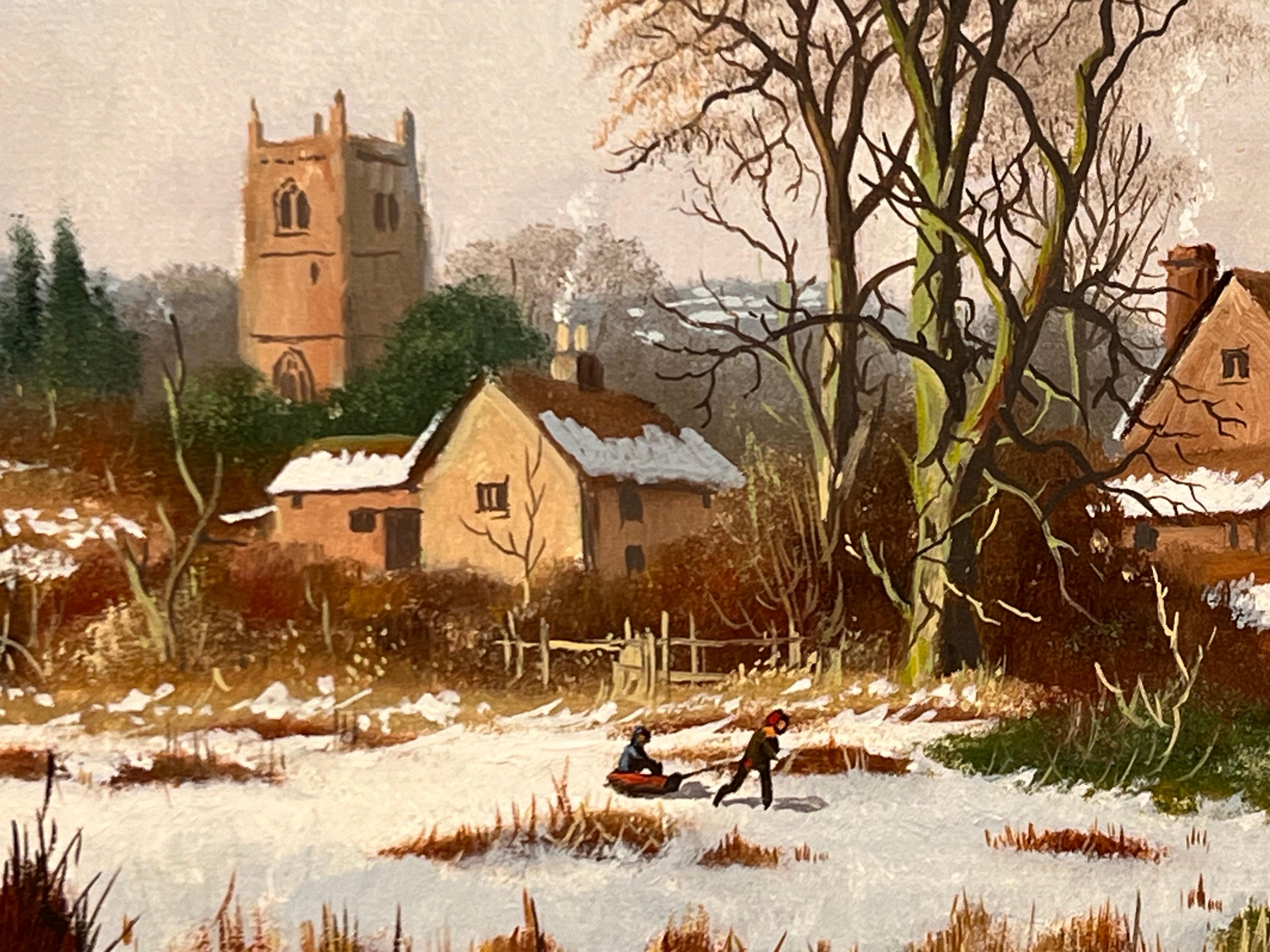 Winter Village Landscape with Families & Children by 20th Century British Artist For Sale 4