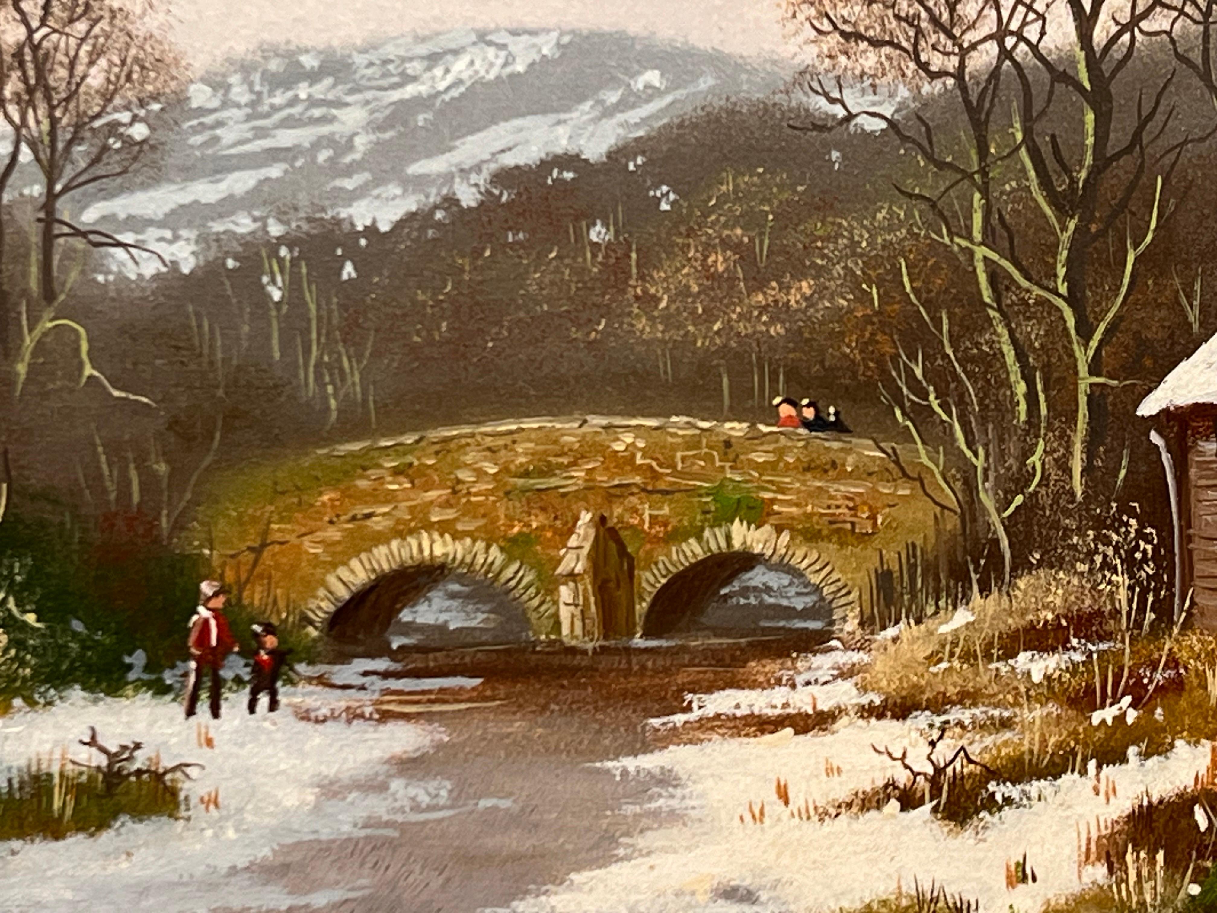 Winter Village Landscape with Families & Children by 20th Century British Artist For Sale 7