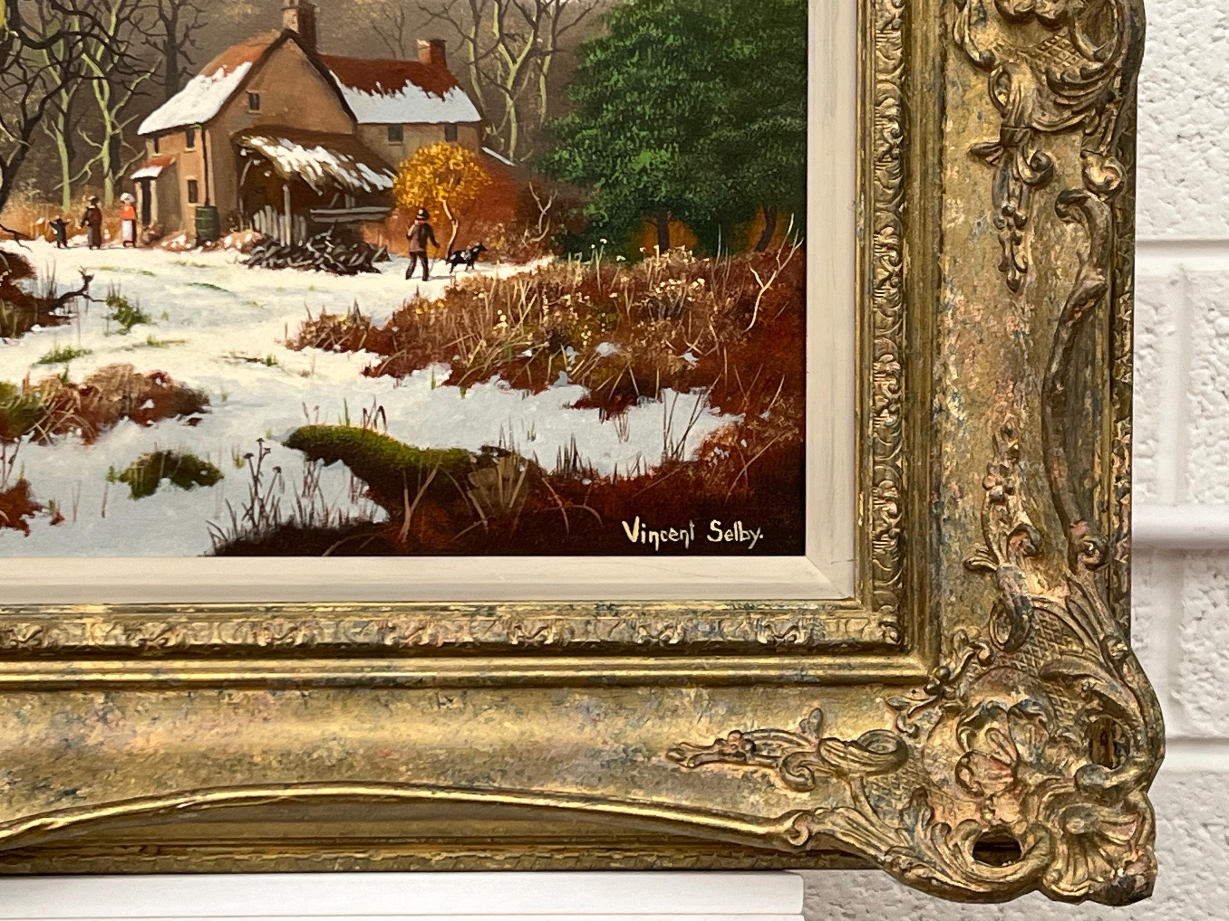 Ein traditionelles Original-Ölgemälde einer winterlichen Dorflandschaft mit Familien und Kindern von einem britischen Künstler des 20. Jahrhunderts. 

Kunst misst 29 x 14 Zoll
Rahmen misst 35 x 20 Zoll  

Vincent Selby (1919 - 2004), britischer