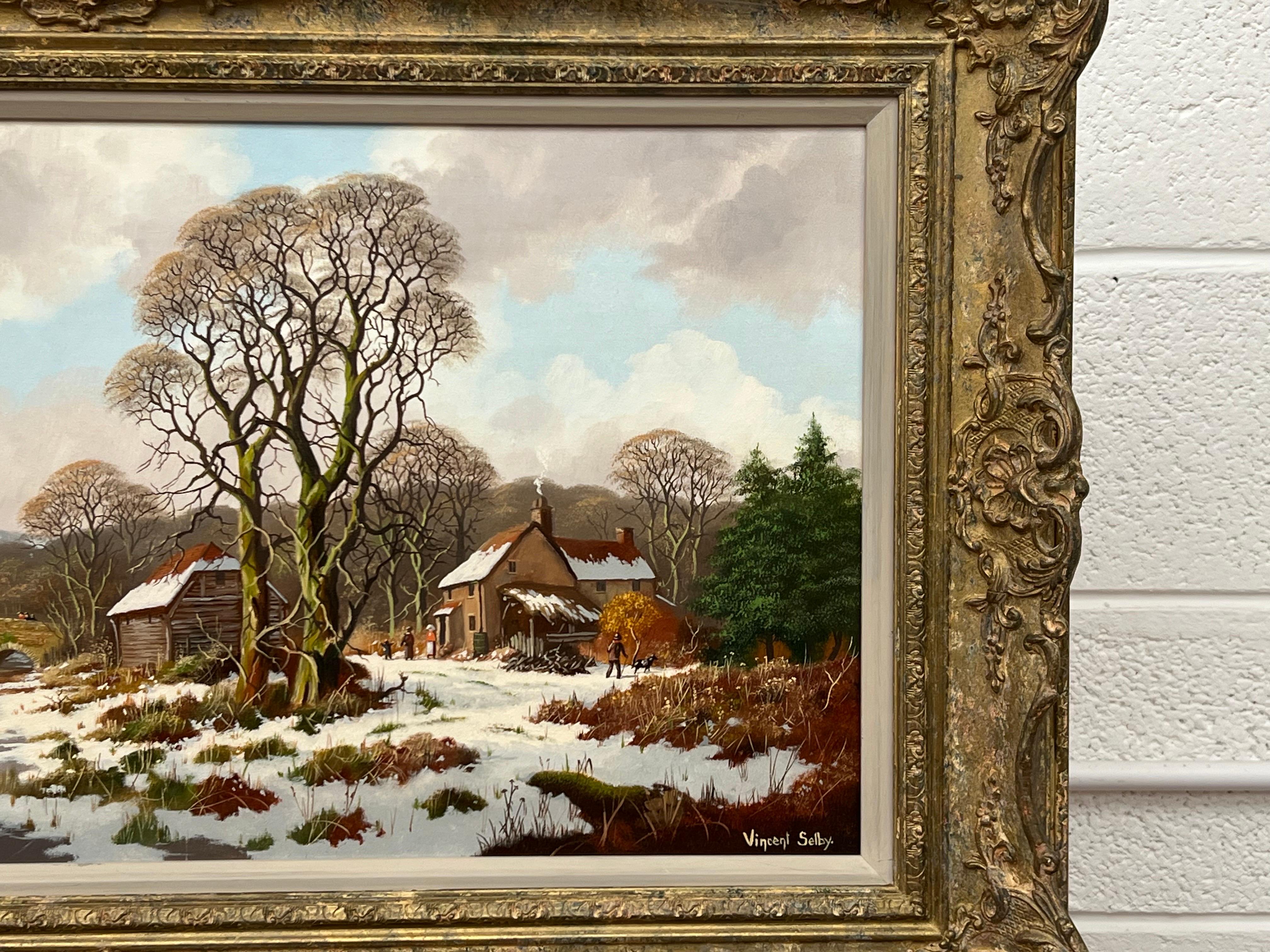 Winter Village Landscape with Families & Children by 20th Century British Artist - Realist Painting by Vincent Selby