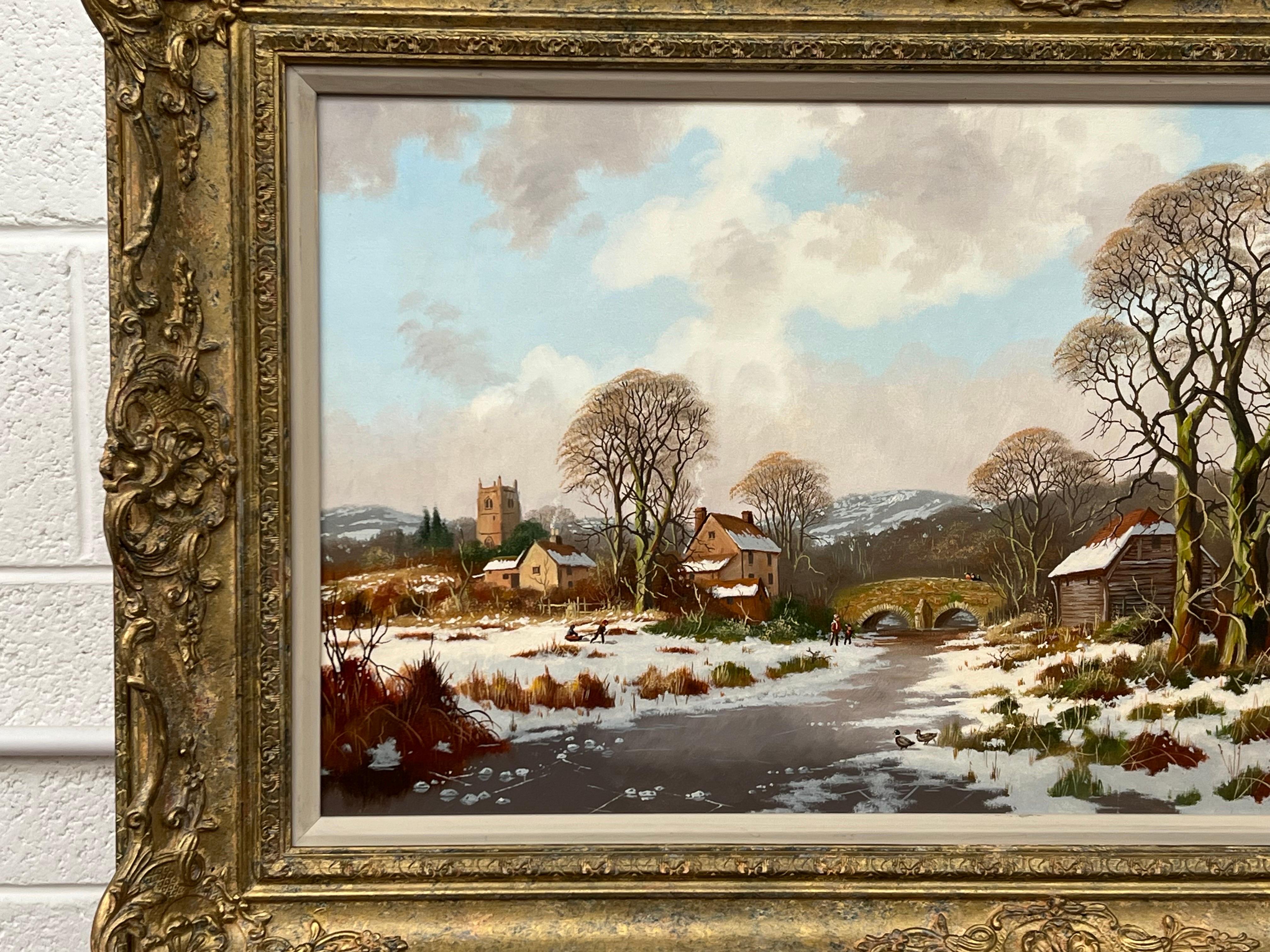 A traditional original oil painting of a Winter Village Landscape with Families & Children by 20th Century British Artist. 

Art measures 29 x 14 inches
Frame measures 35 x 20 inches  

Vincent Selby (1919 - 2004) British Landscape Artist, was born