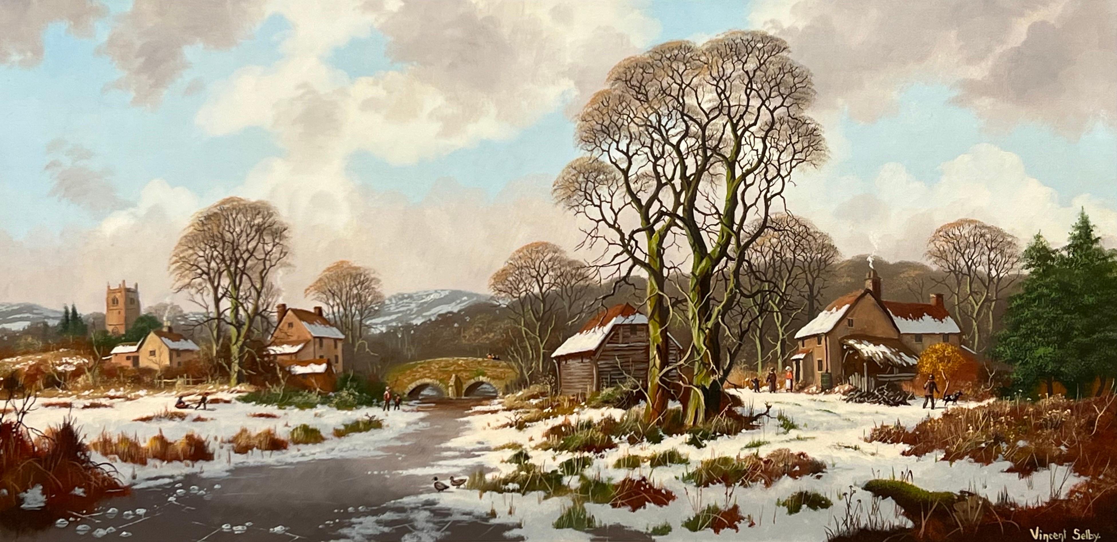 Winter Village Landscape with Families & Children by 20th Century British Artist For Sale 1